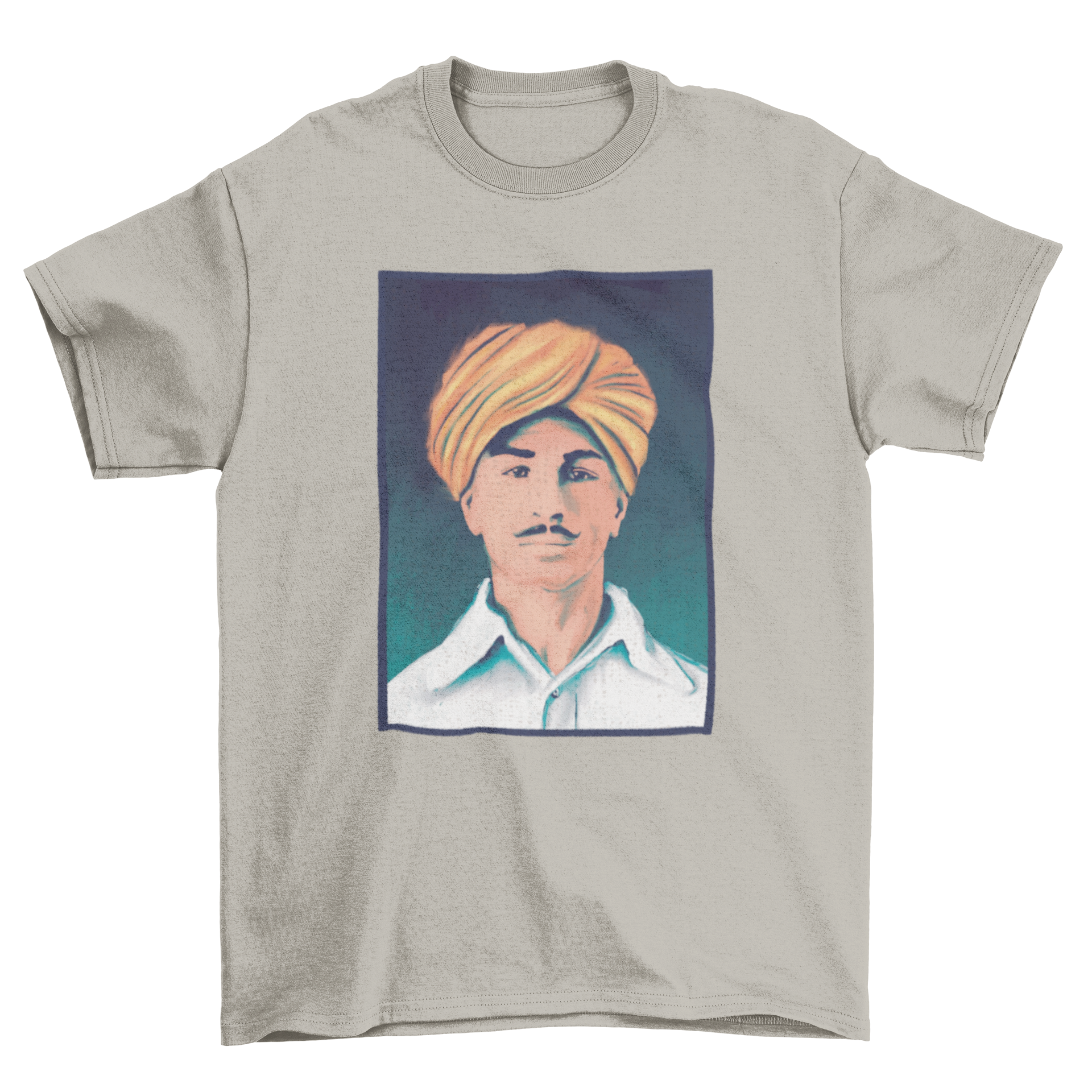 A stylish t-shirt featuring a vibrant portrait of Indian revolutionary Bhagat Singh, perfect for casual wear.