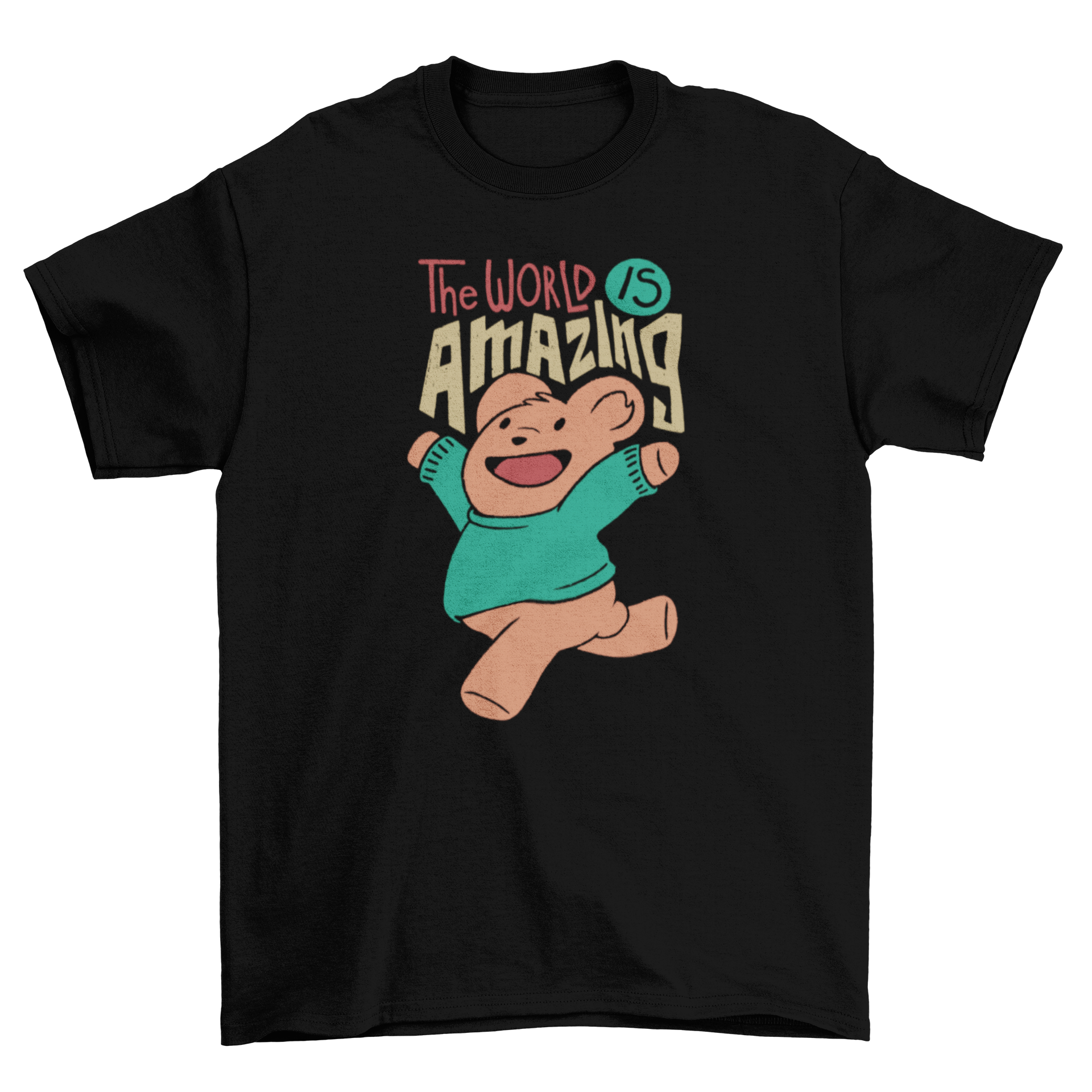 A cute t-shirt featuring a teddy bear and the caption 'The world is amazing', perfect for casual wear.