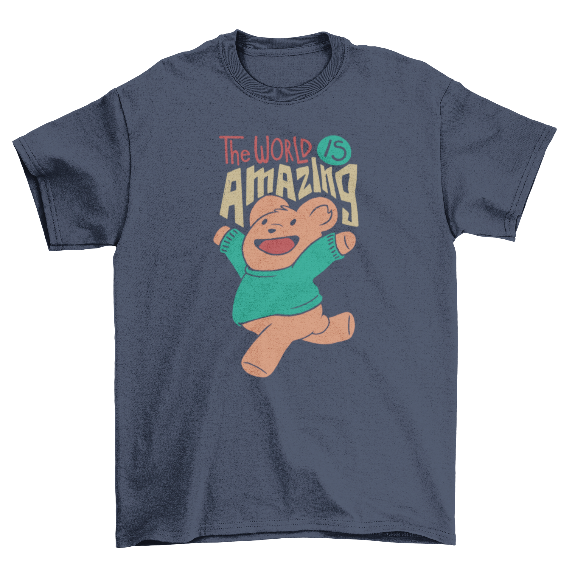 A cute t-shirt featuring a teddy bear and the caption 'The world is amazing', perfect for casual wear.