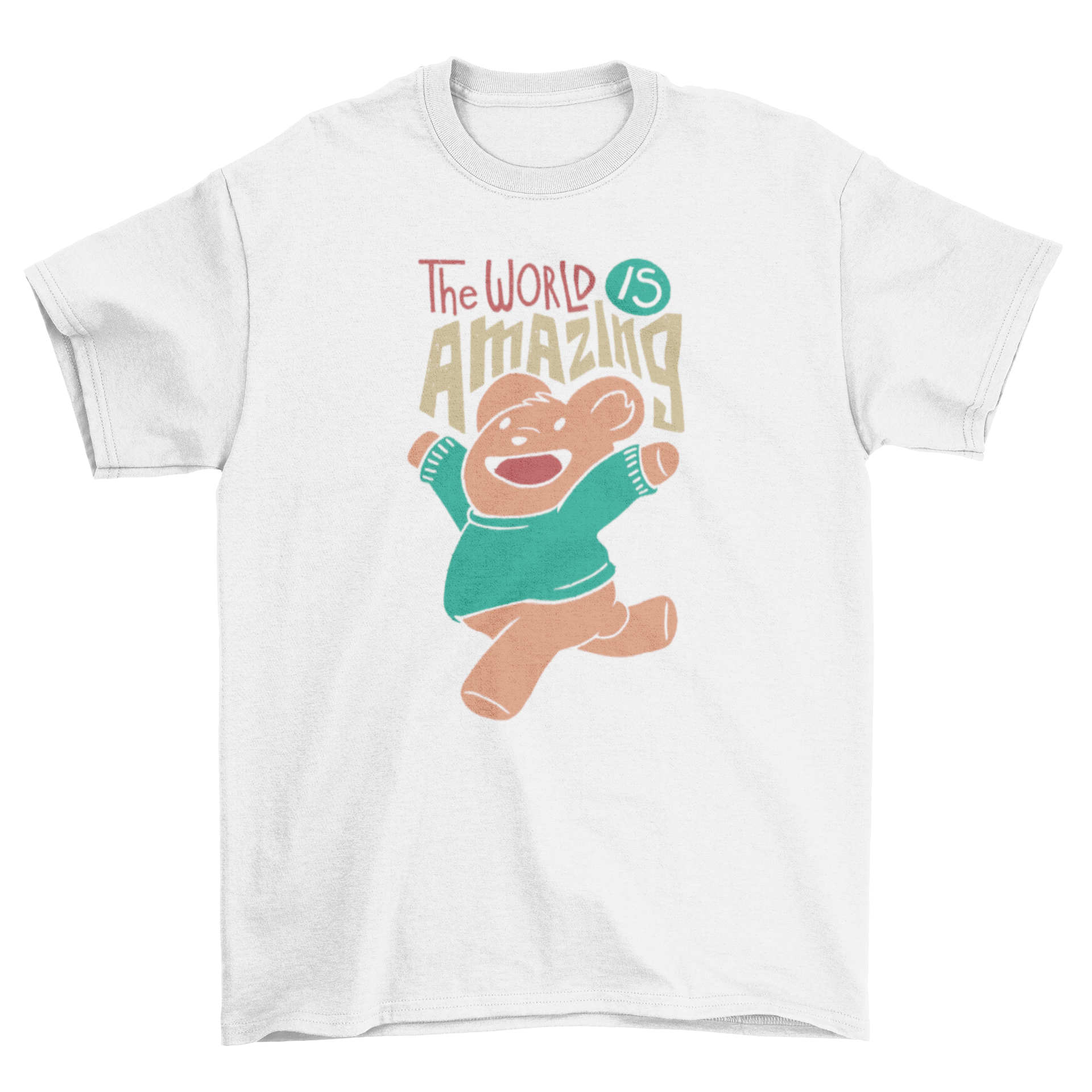 A cute t-shirt featuring a teddy bear and the caption 'The world is amazing', perfect for casual wear.