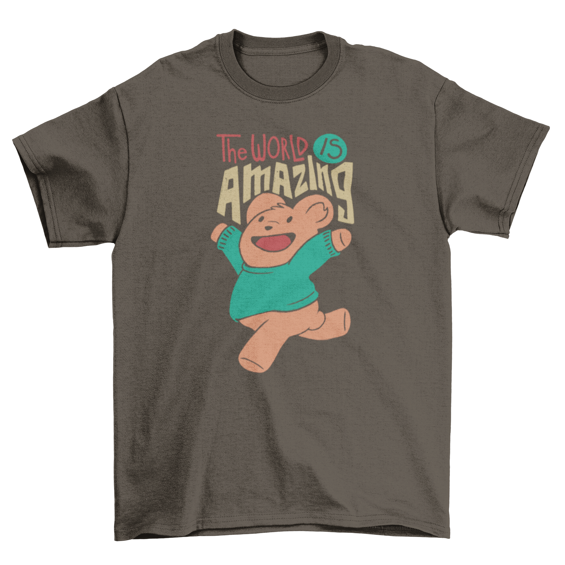 A cute t-shirt featuring a teddy bear and the caption 'The world is amazing', perfect for casual wear.