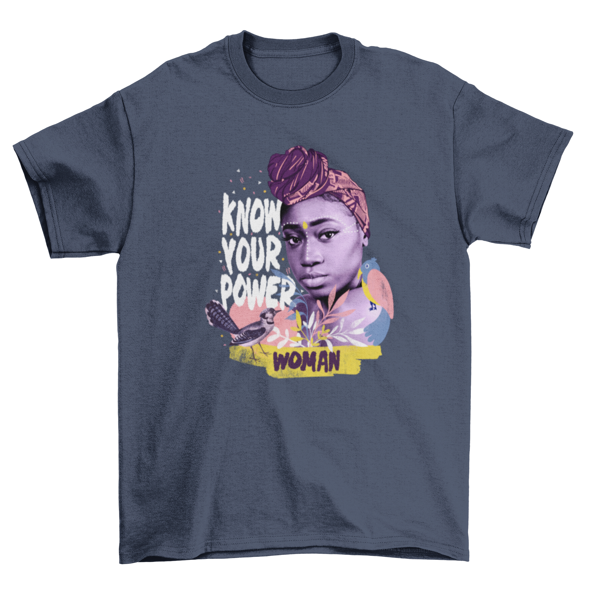 Amazing Women Natural Elements t-shirt featuring a woman surrounded by nature elements and the quote 'Know your power'.