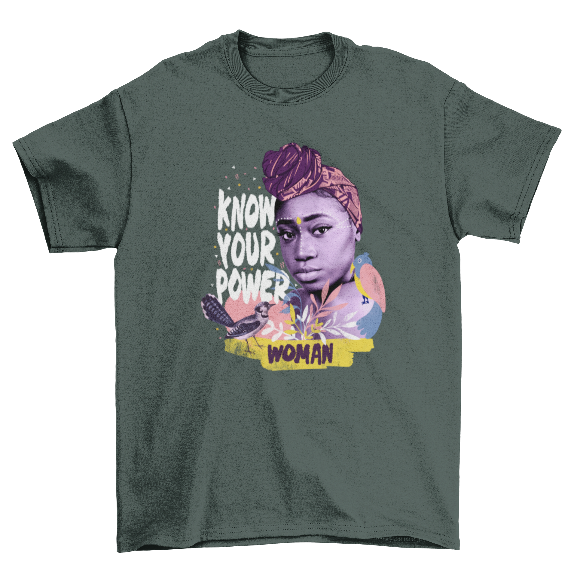 Amazing Women Natural Elements t-shirt featuring a woman surrounded by nature elements and the quote 'Know your power'.