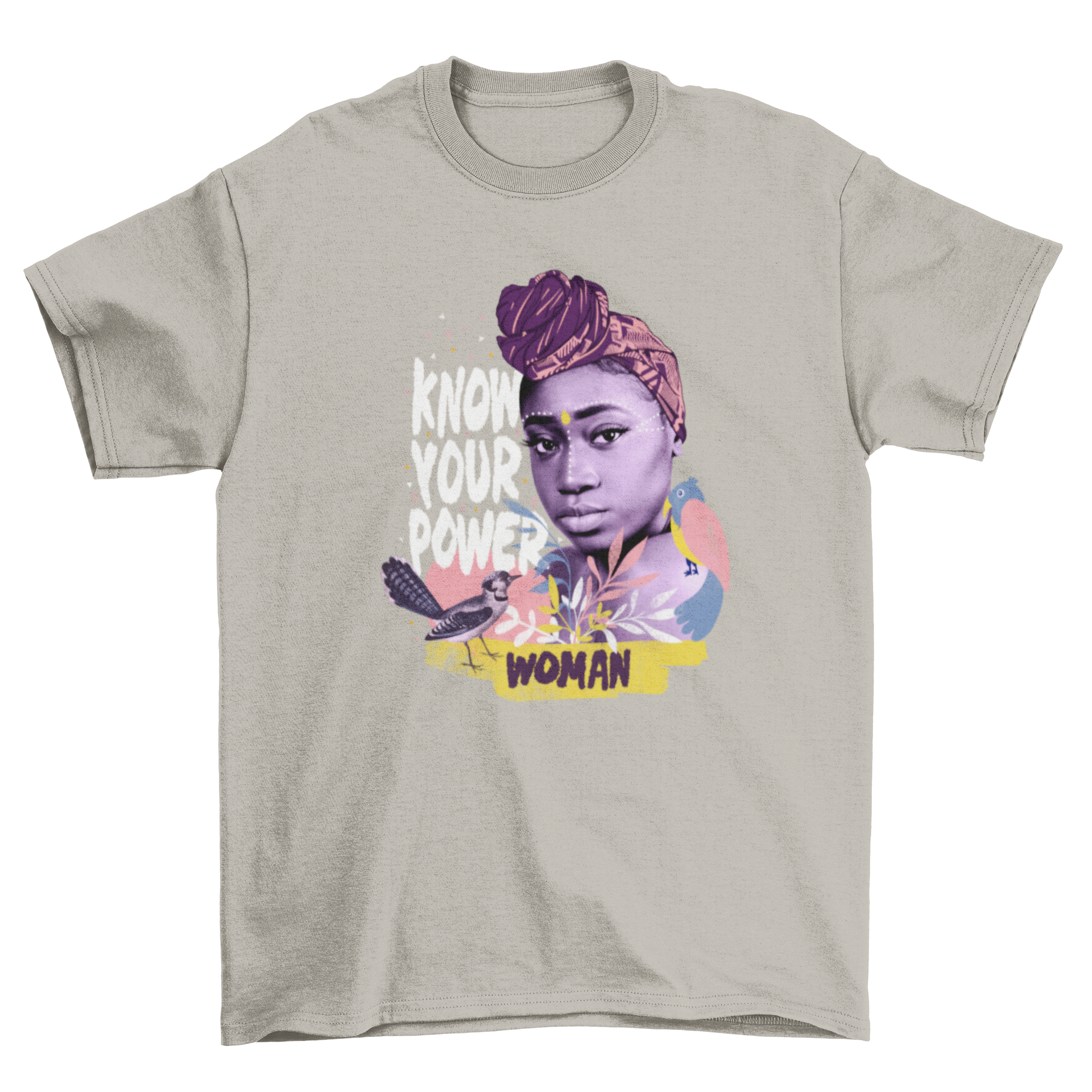 Amazing Women Natural Elements t-shirt featuring a woman surrounded by nature elements and the quote 'Know your power'.