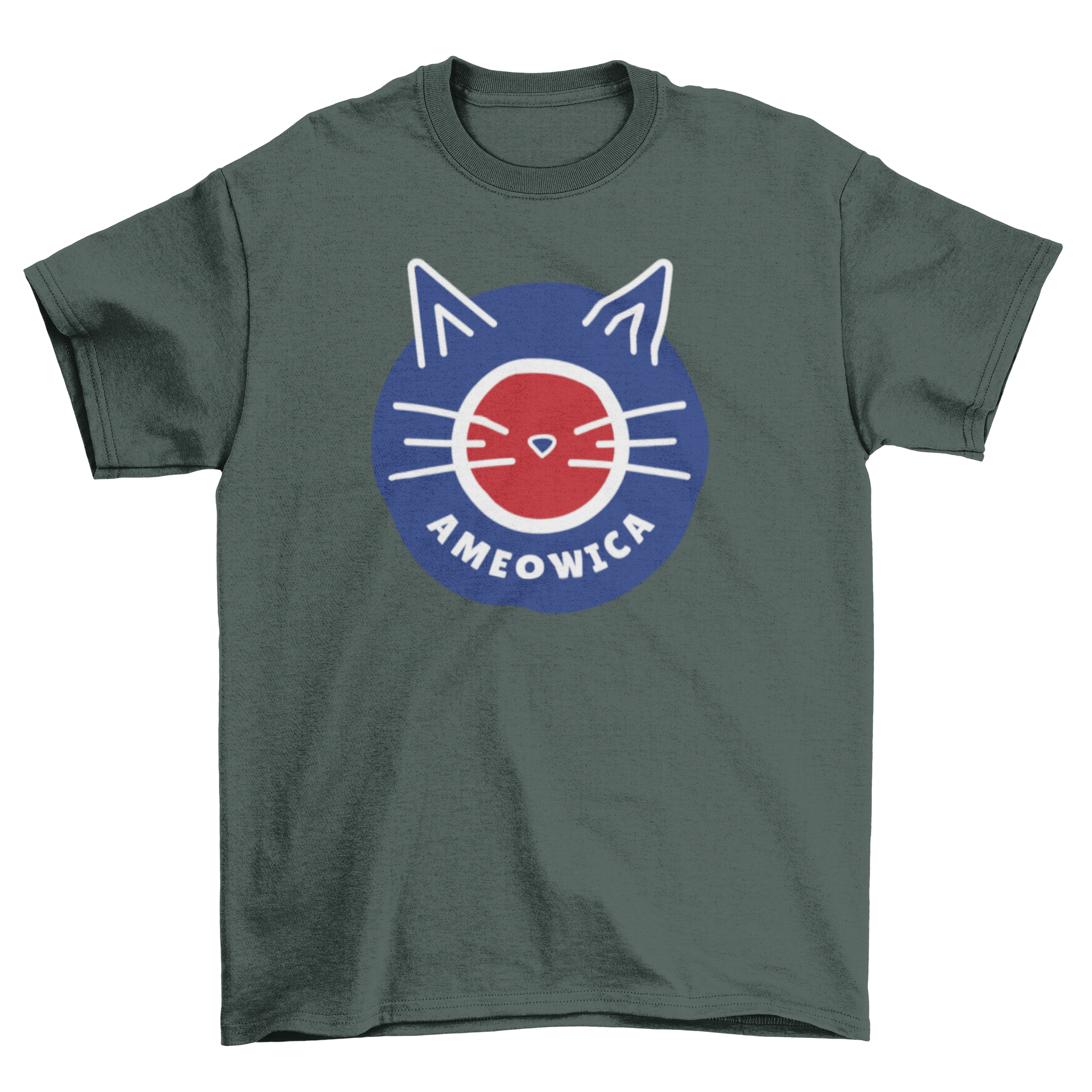 Ameowica cat t-shirt featuring a cute cat design with American flag colors.