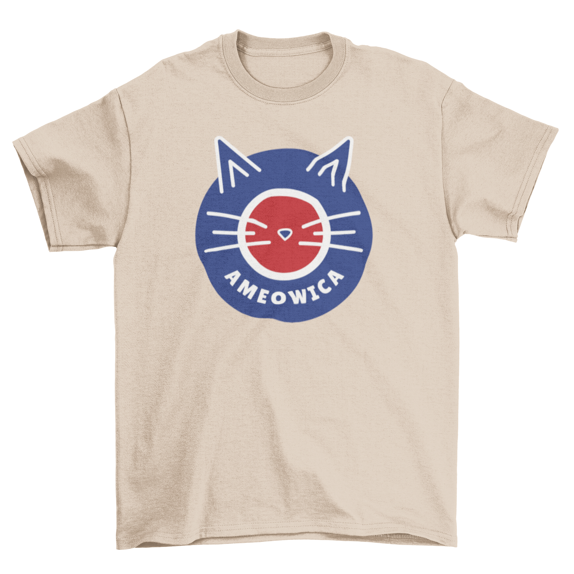 Ameowica cat t-shirt featuring a cute cat design with American flag colors.