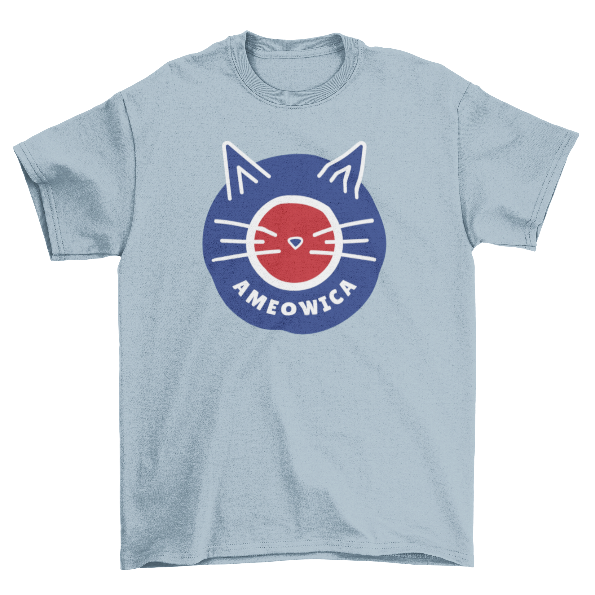 Ameowica cat t-shirt featuring a cute cat design with American flag colors.