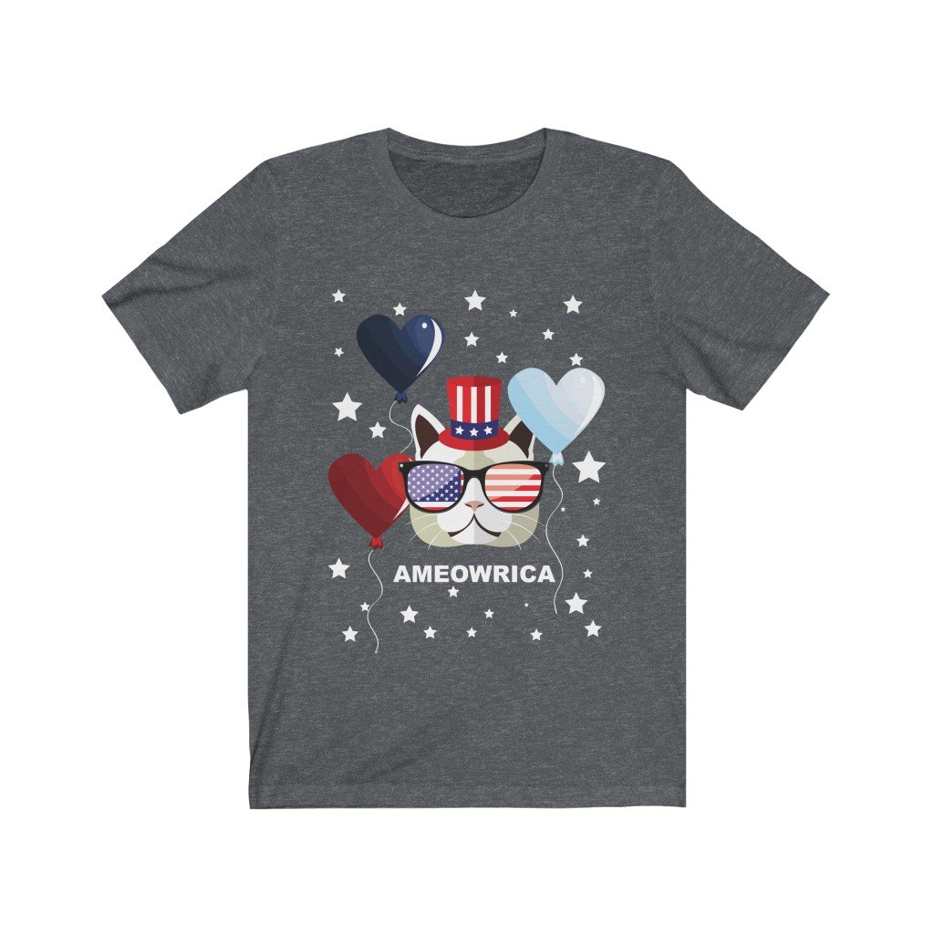 Ameowrica July 4th T-Shirt featuring a vibrant patriotic design, made of 100% soft cotton, perfect for cat lovers celebrating Independence Day.