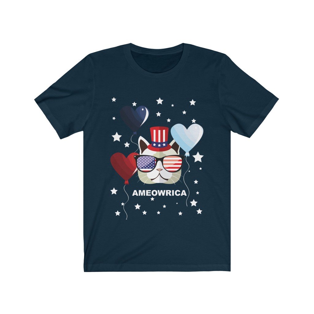 Ameowrica July 4th T-Shirt featuring a vibrant patriotic design, made of 100% soft cotton, perfect for cat lovers celebrating Independence Day.