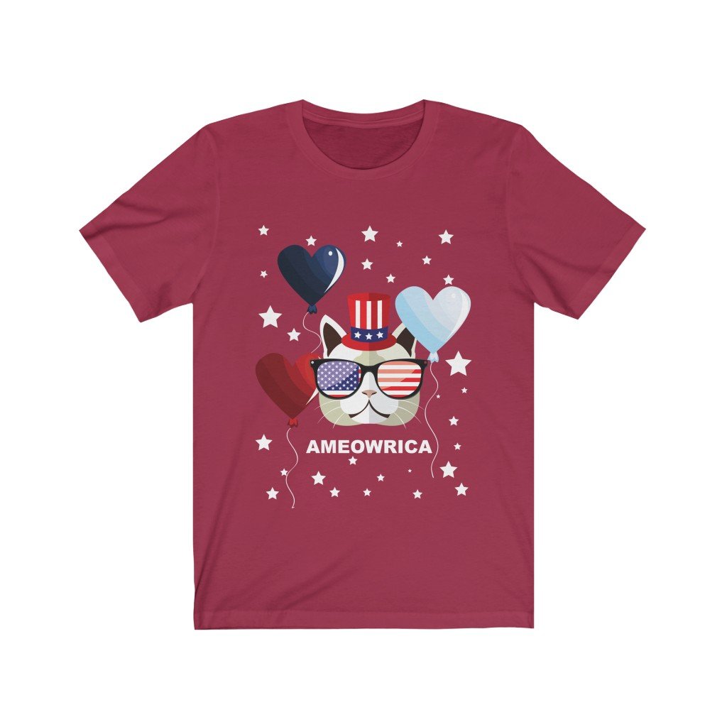 Ameowrica July 4th T-Shirt featuring a vibrant patriotic design, made of 100% soft cotton, perfect for cat lovers celebrating Independence Day.