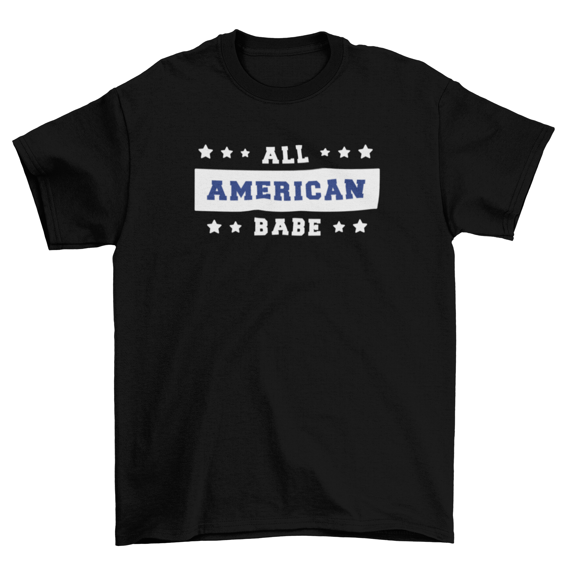 American Babe T-shirt featuring white and blue lettering with stars, perfect for 4th of July celebrations.