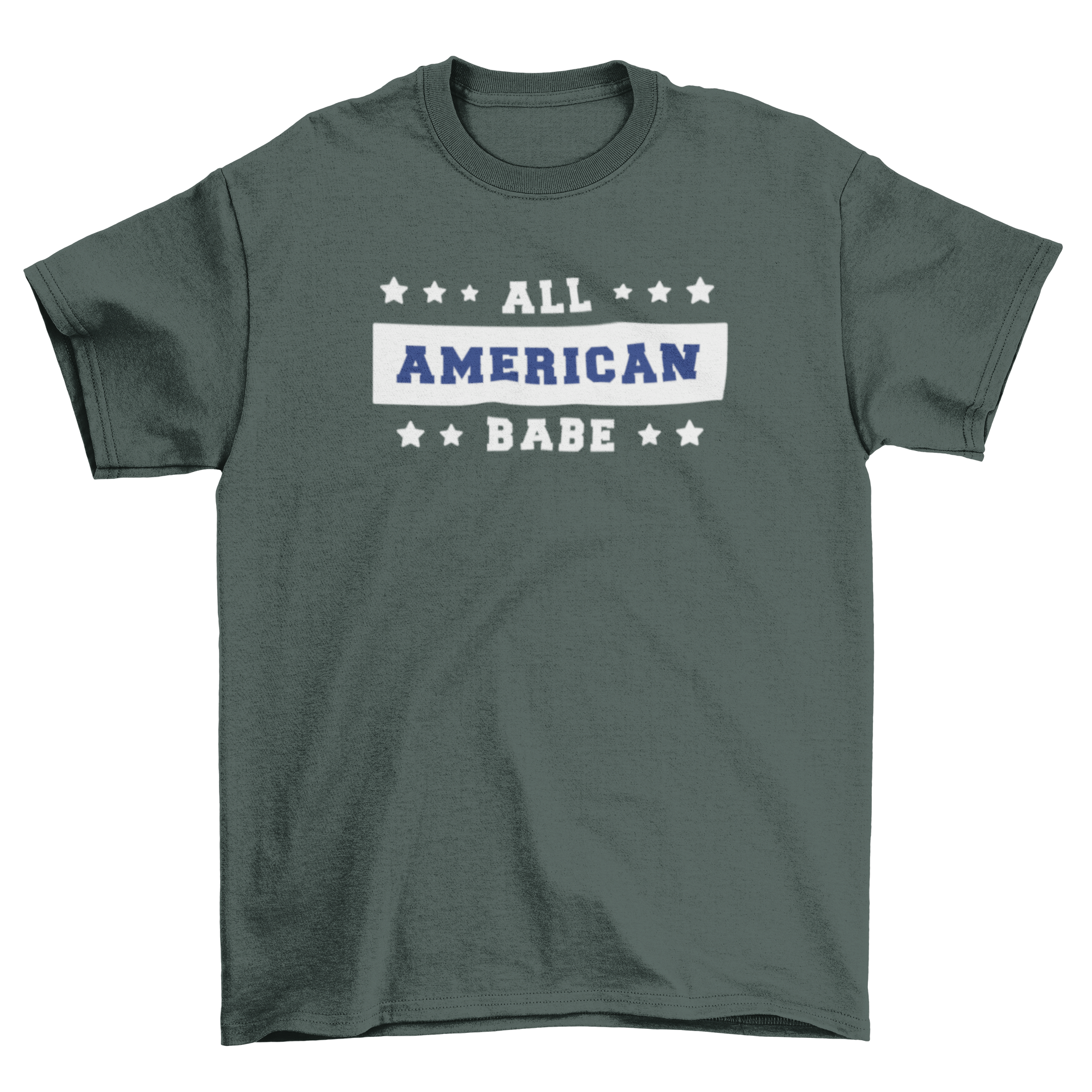 American Babe T-shirt featuring white and blue lettering with stars, perfect for 4th of July celebrations.