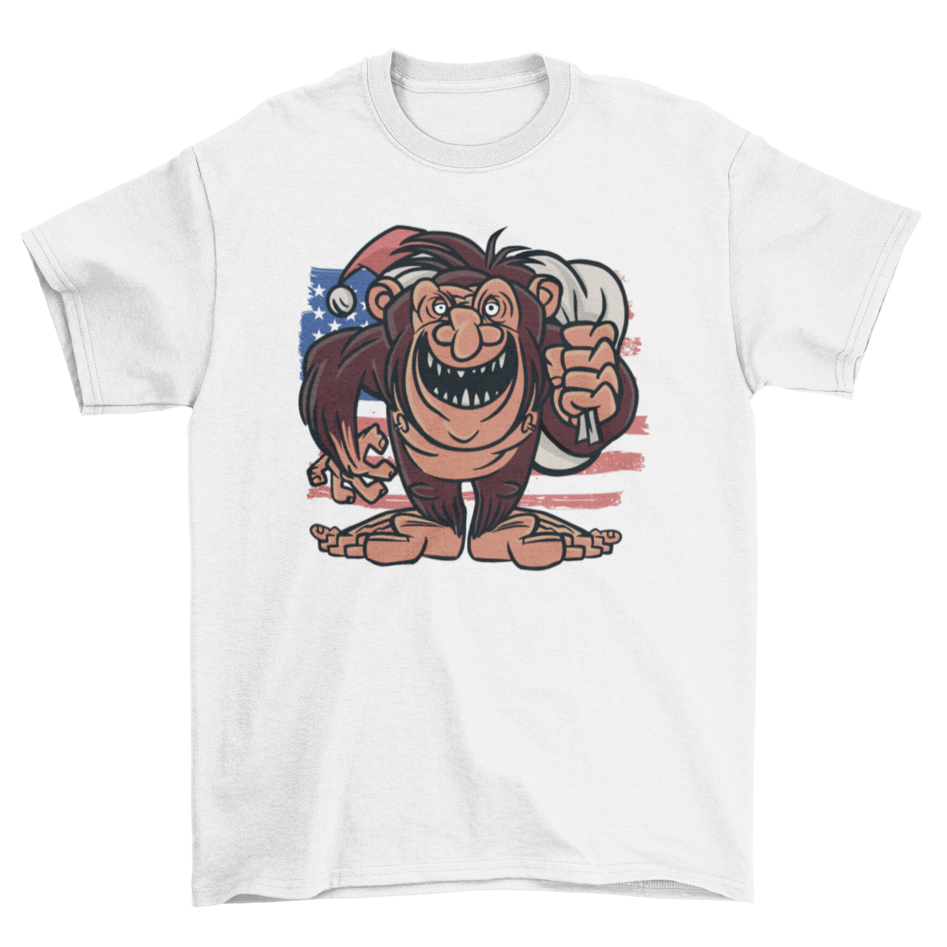 American Bigfoot t-shirt featuring Bigfoot with Santa's gift bag and the US flag in the background.