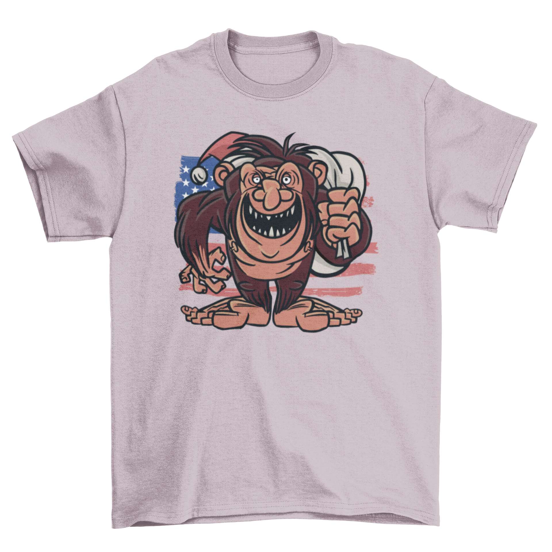 American Bigfoot t-shirt featuring Bigfoot with Santa's gift bag and the US flag in the background.