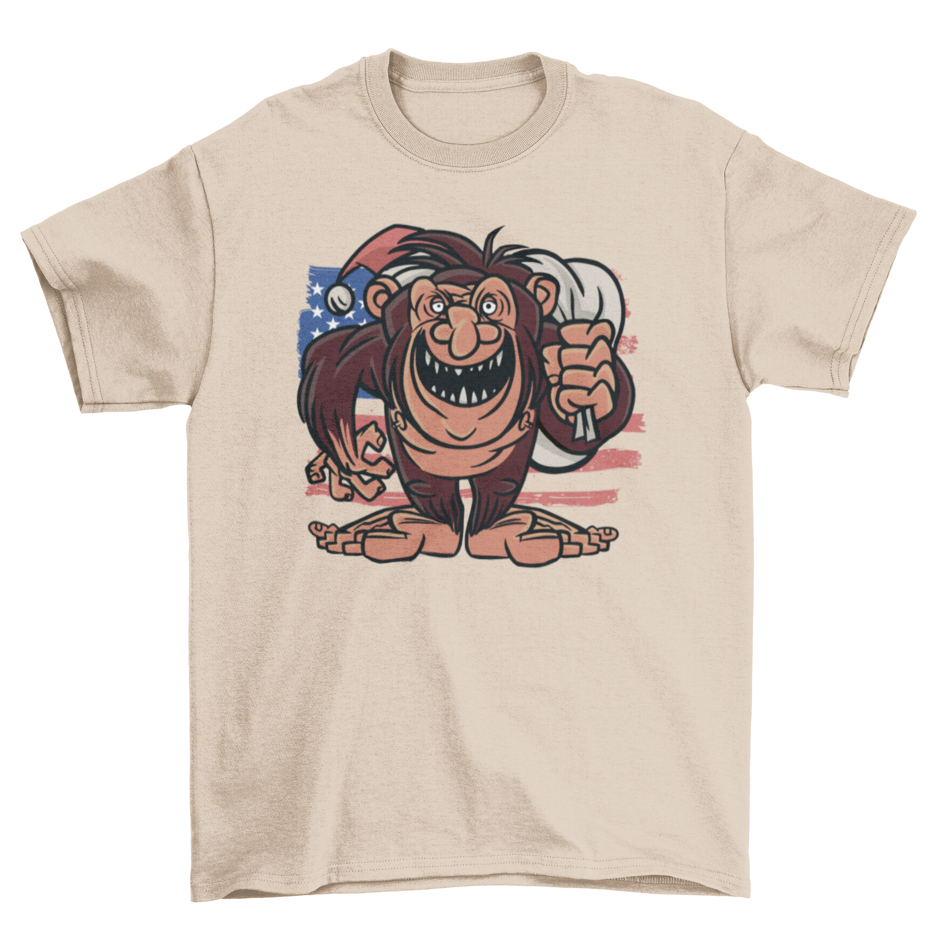 American Bigfoot t-shirt featuring Bigfoot with Santa's gift bag and the US flag in the background.