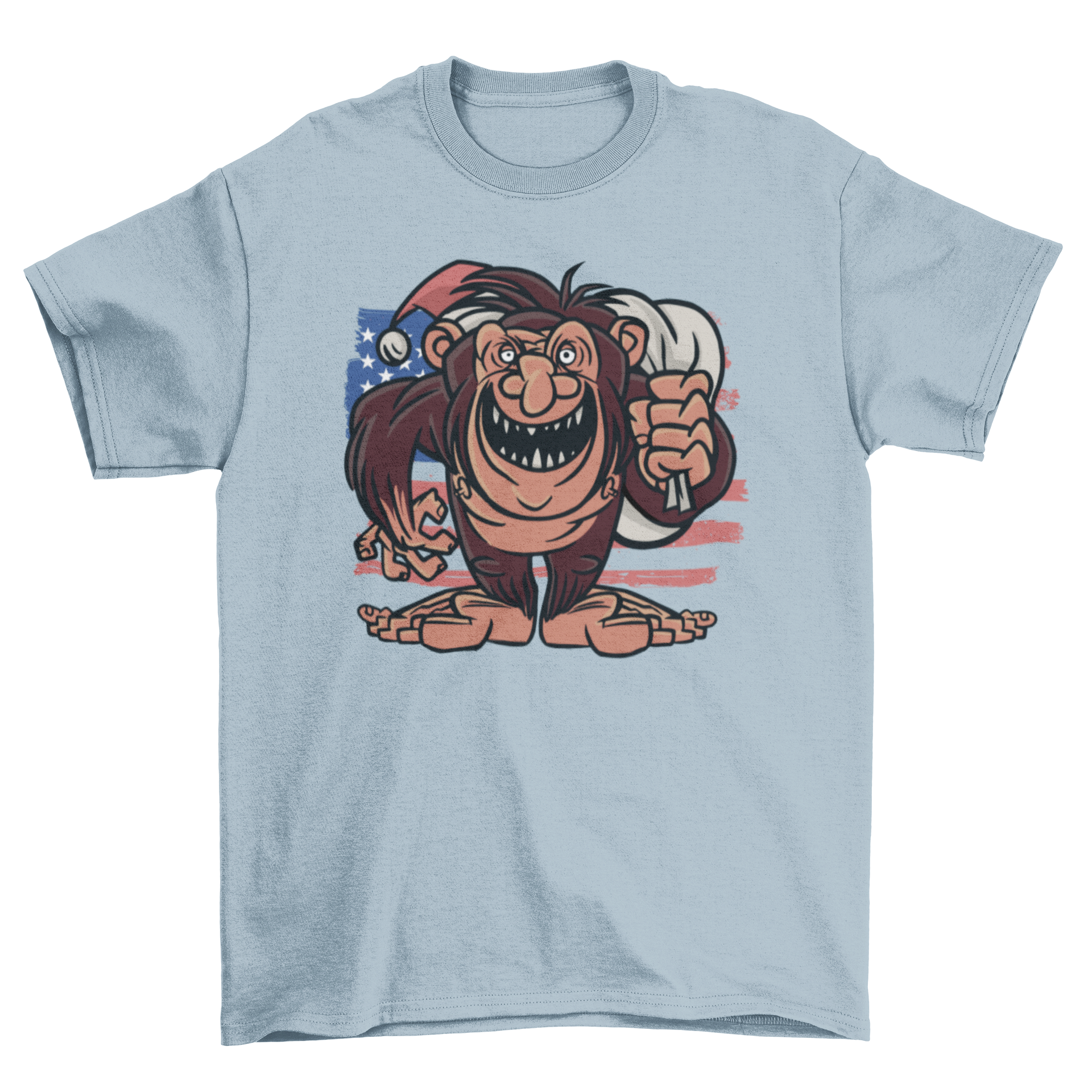 American Bigfoot t-shirt featuring Bigfoot with Santa's gift bag and the US flag in the background.