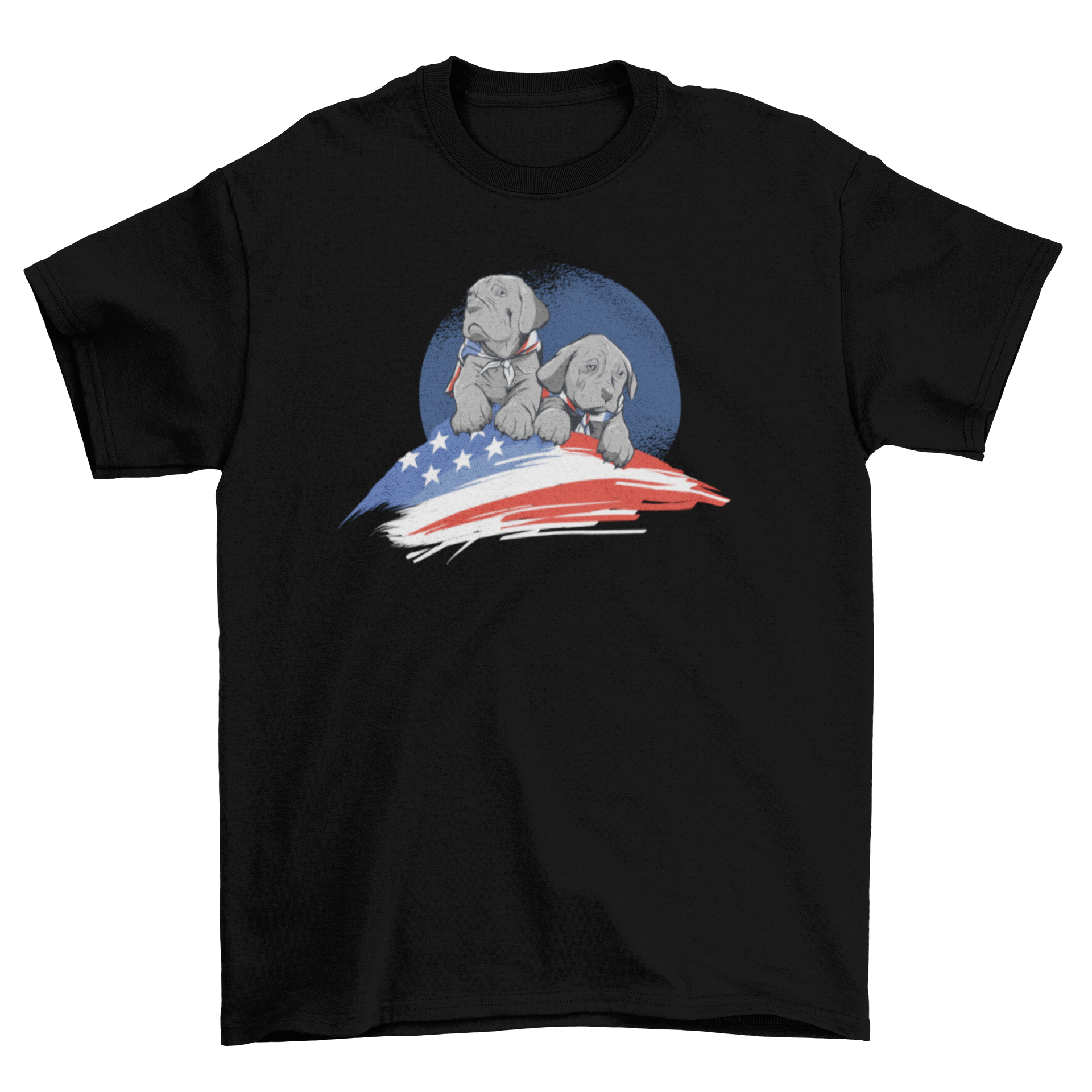 American Dog T-shirt featuring two gray dogs and an American flag on a blue grunge circular background.