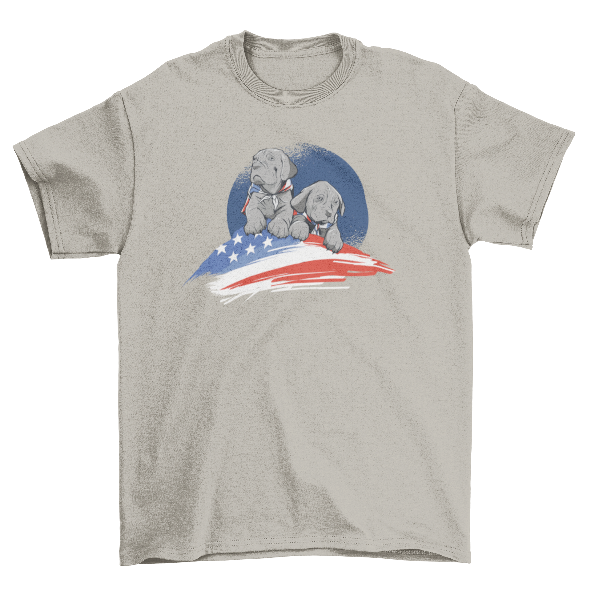 American Dog T-shirt featuring two gray dogs and an American flag on a blue grunge circular background.