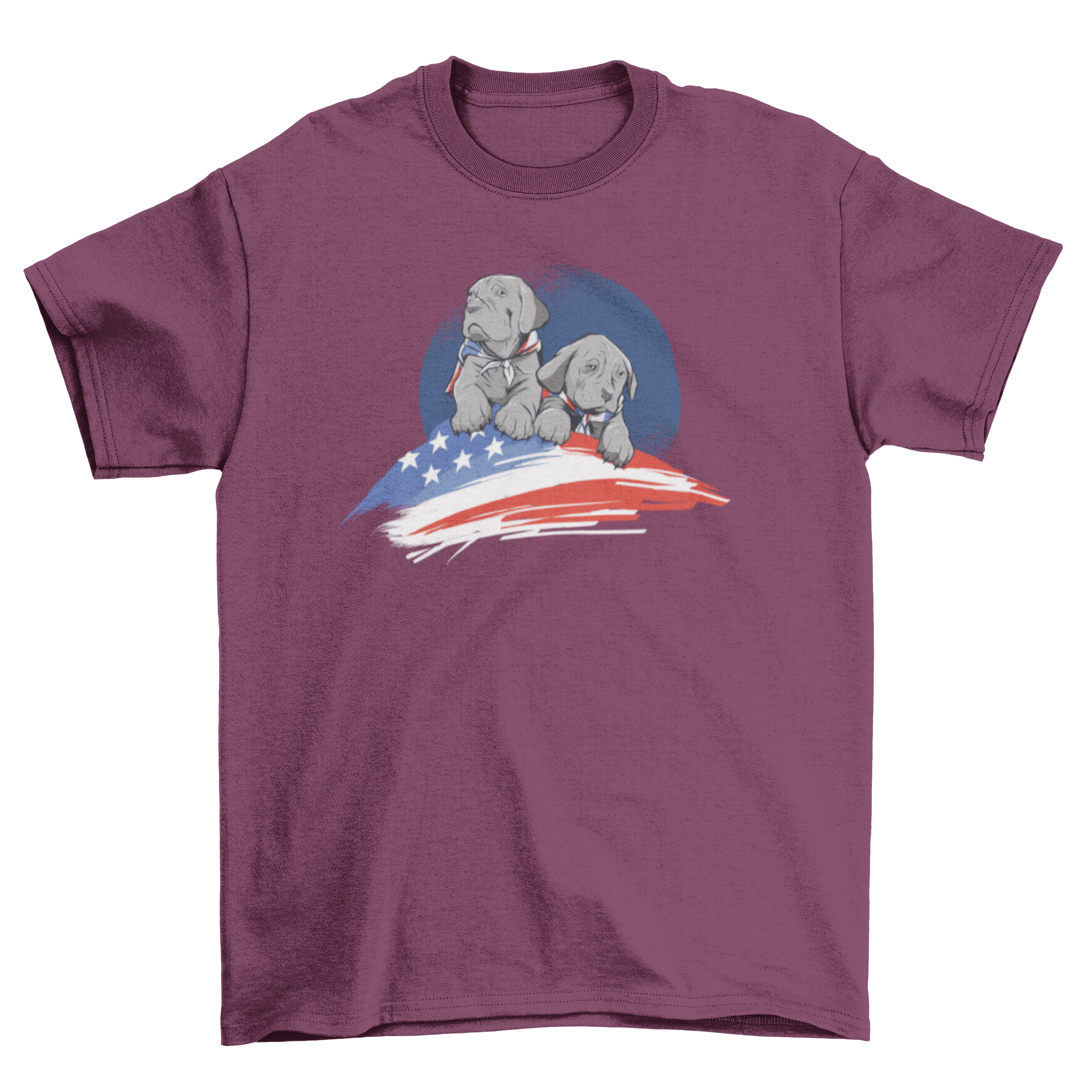 American Dog T-shirt featuring two gray dogs and an American flag on a blue grunge circular background.