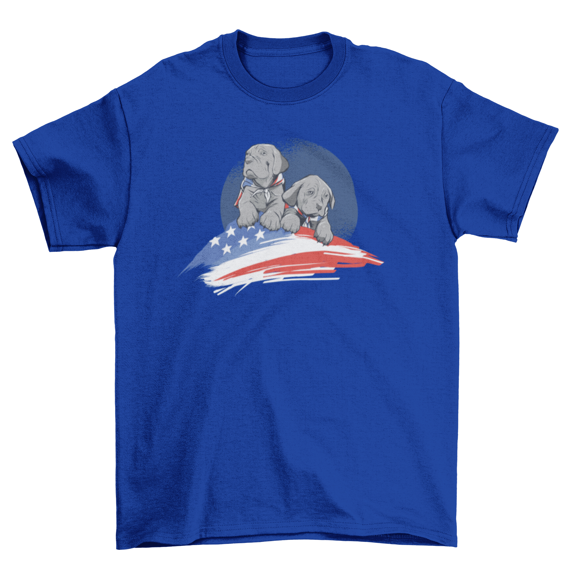 American Dog T-shirt featuring two gray dogs and an American flag on a blue grunge circular background.