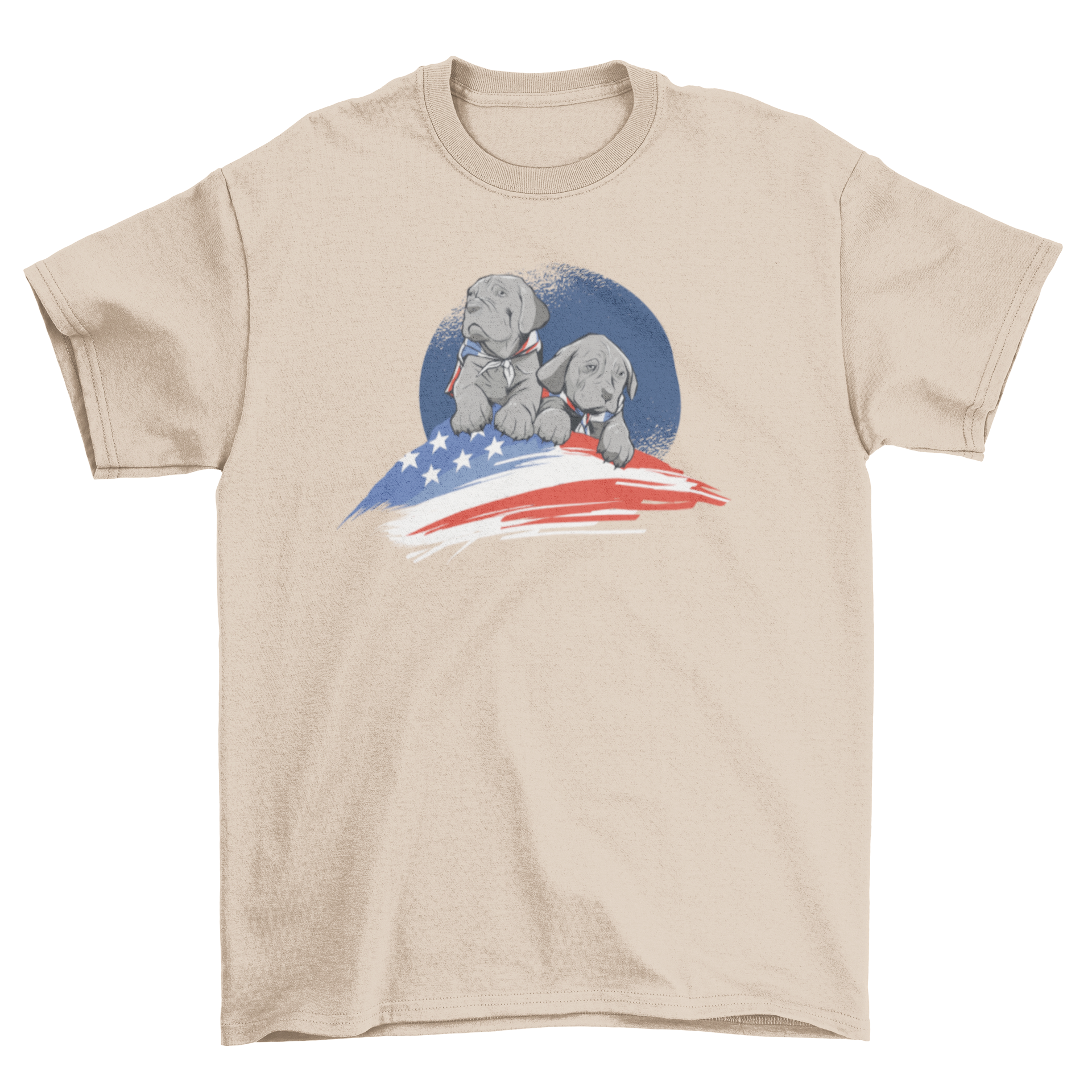 American Dog T-shirt featuring two gray dogs and an American flag on a blue grunge circular background.