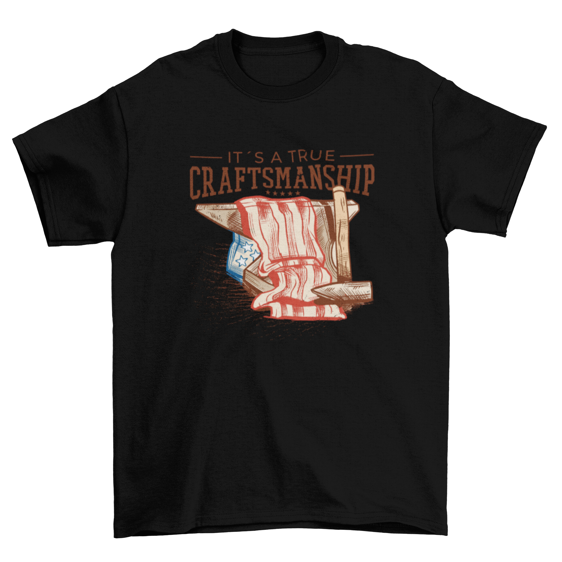 American flag craftsmanship t-shirt featuring an anvil and hammer design with the quote 'It's a true craftsmanship'.