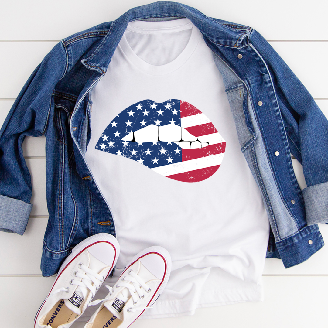 American Flag Lips T-Shirt featuring a vibrant design with the American flag and lips, made from soft cotton for comfort.