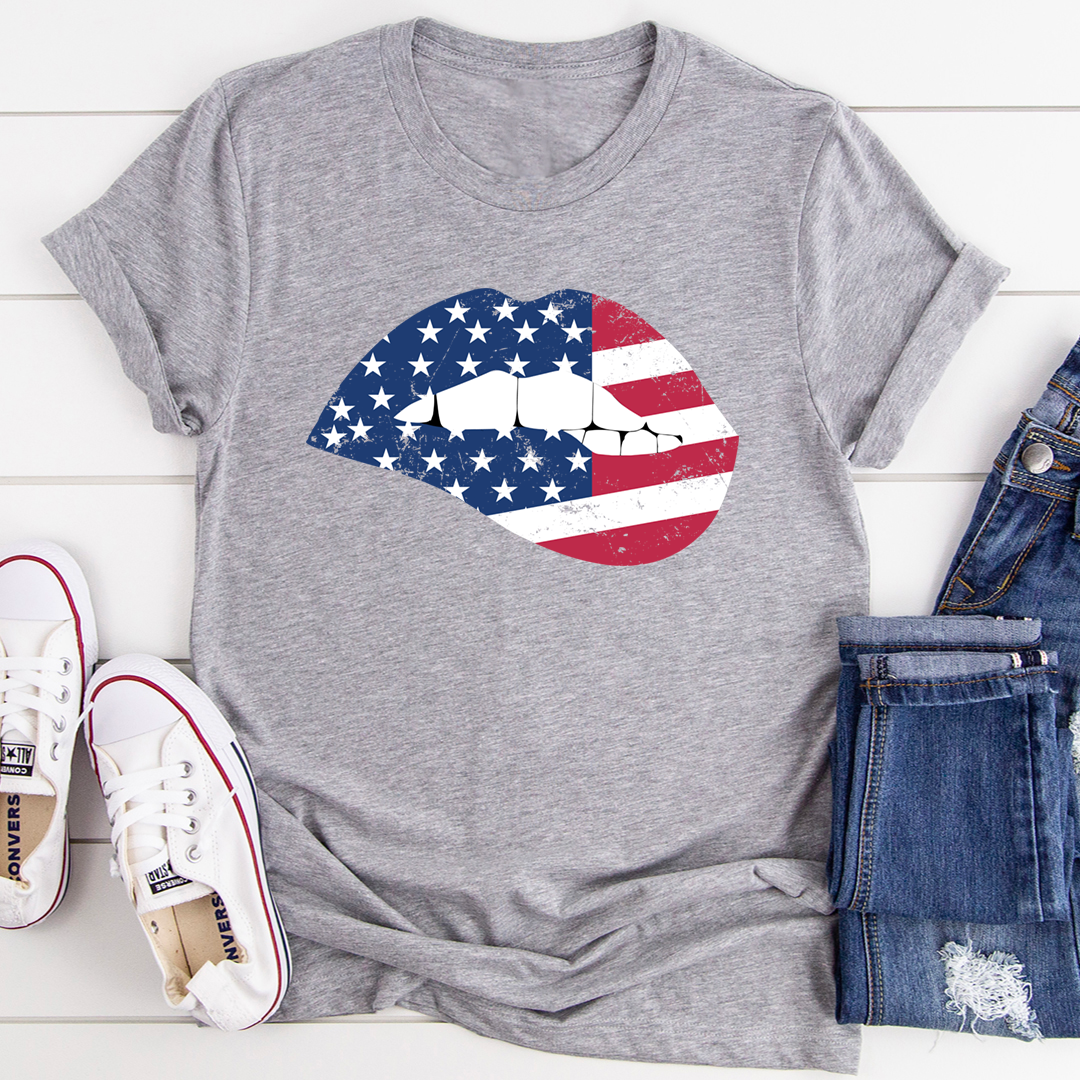 American Flag Lips T-Shirt featuring a vibrant design with the American flag and lips, made from soft cotton for comfort.