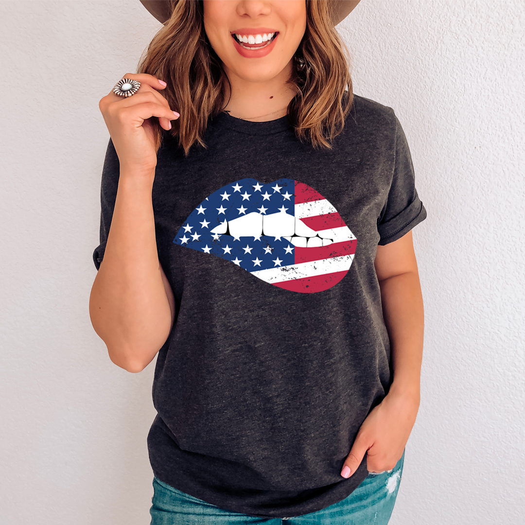 American Flag Lips T-Shirt featuring a vibrant design with the American flag and lips, made from soft cotton for comfort.