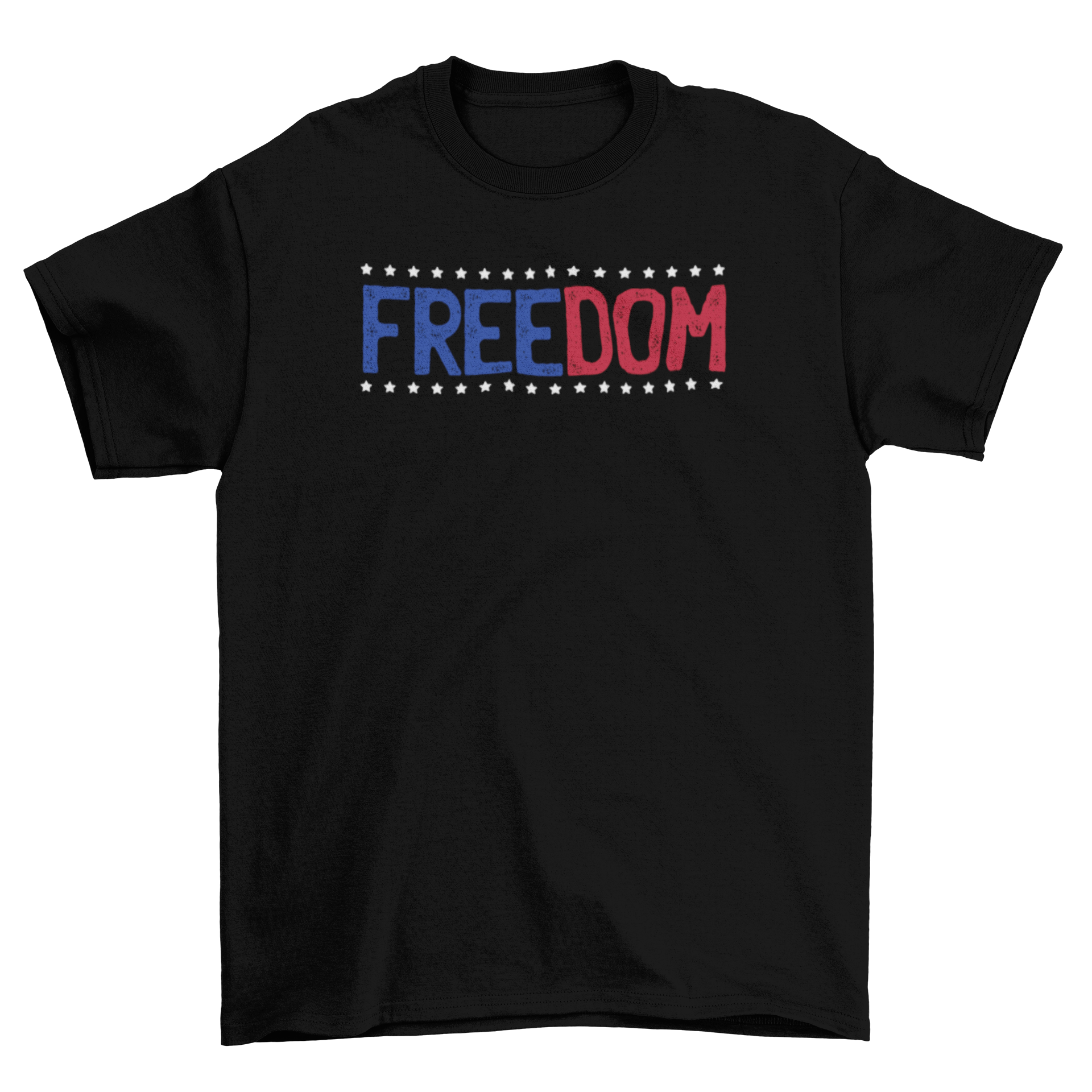 American flag symbolism freedom t-shirt featuring bold 'Freedom' caption in blue and red with white stars design.