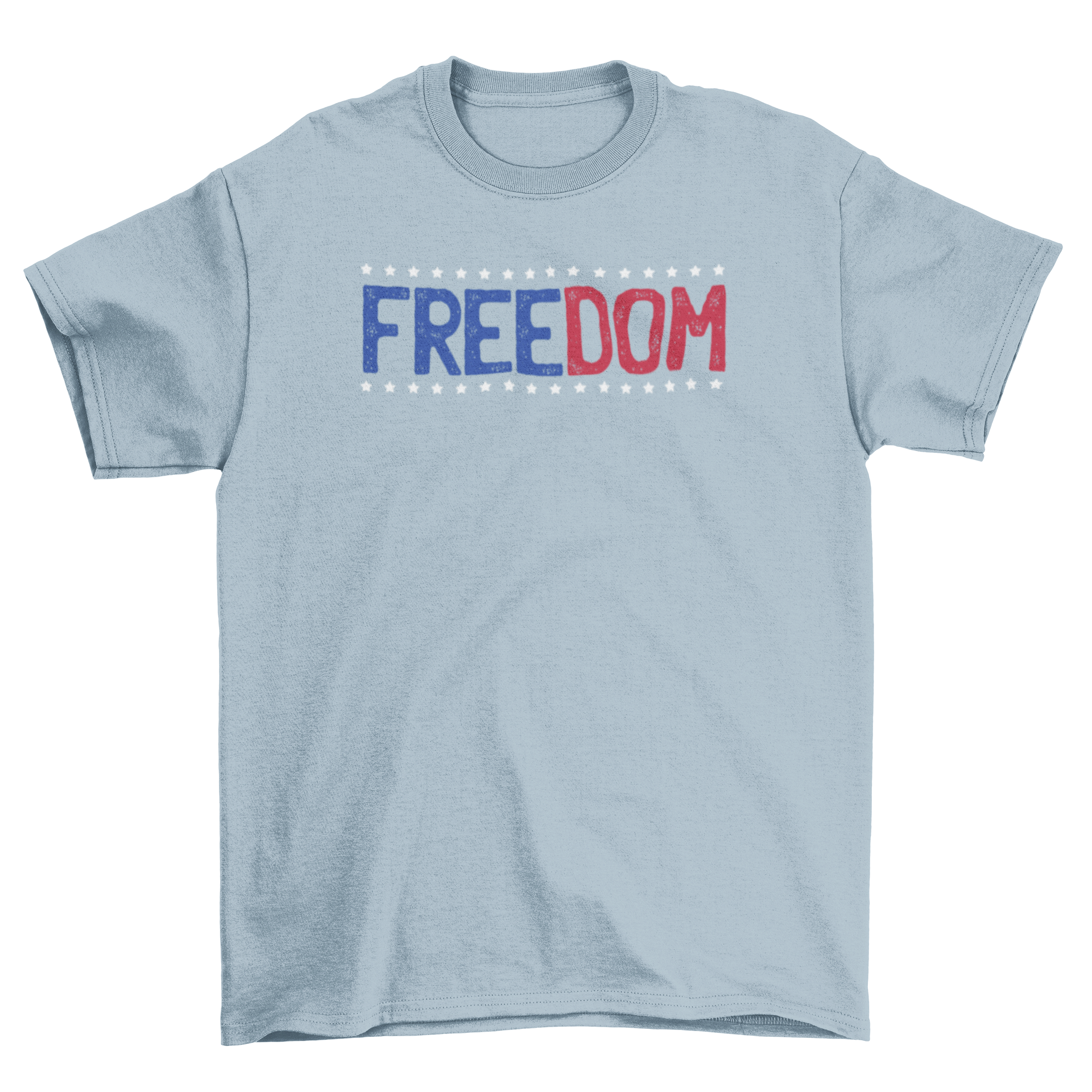 American flag symbolism freedom t-shirt featuring bold 'Freedom' caption in blue and red with white stars design.