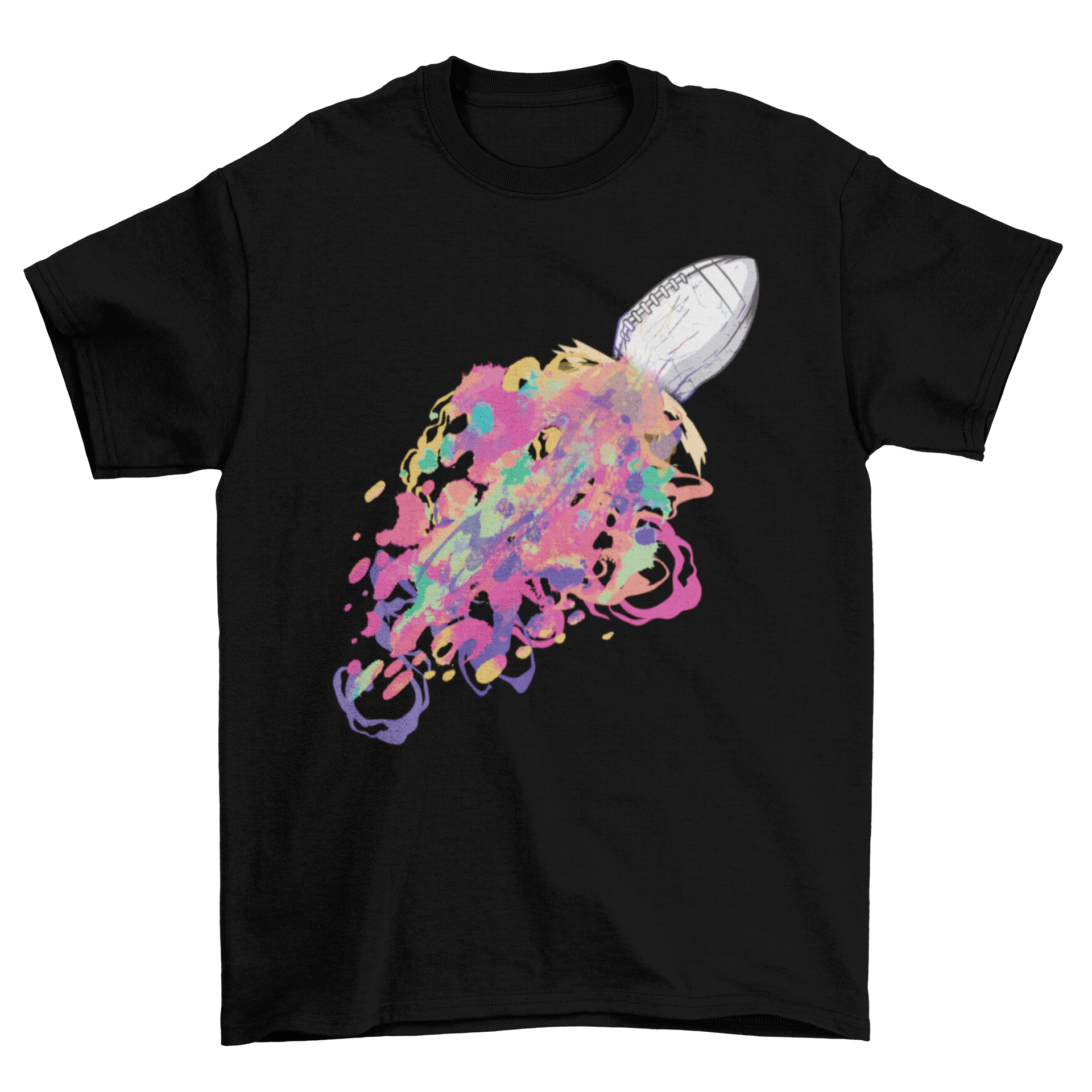 A vibrant American football colors t-shirt featuring a dissolving football design with a colorful tail, perfect for football fans.