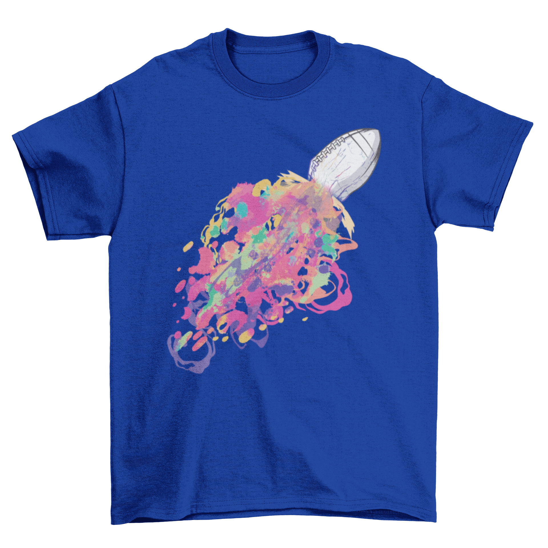 A vibrant American football colors t-shirt featuring a dissolving football design with a colorful tail, perfect for football fans.