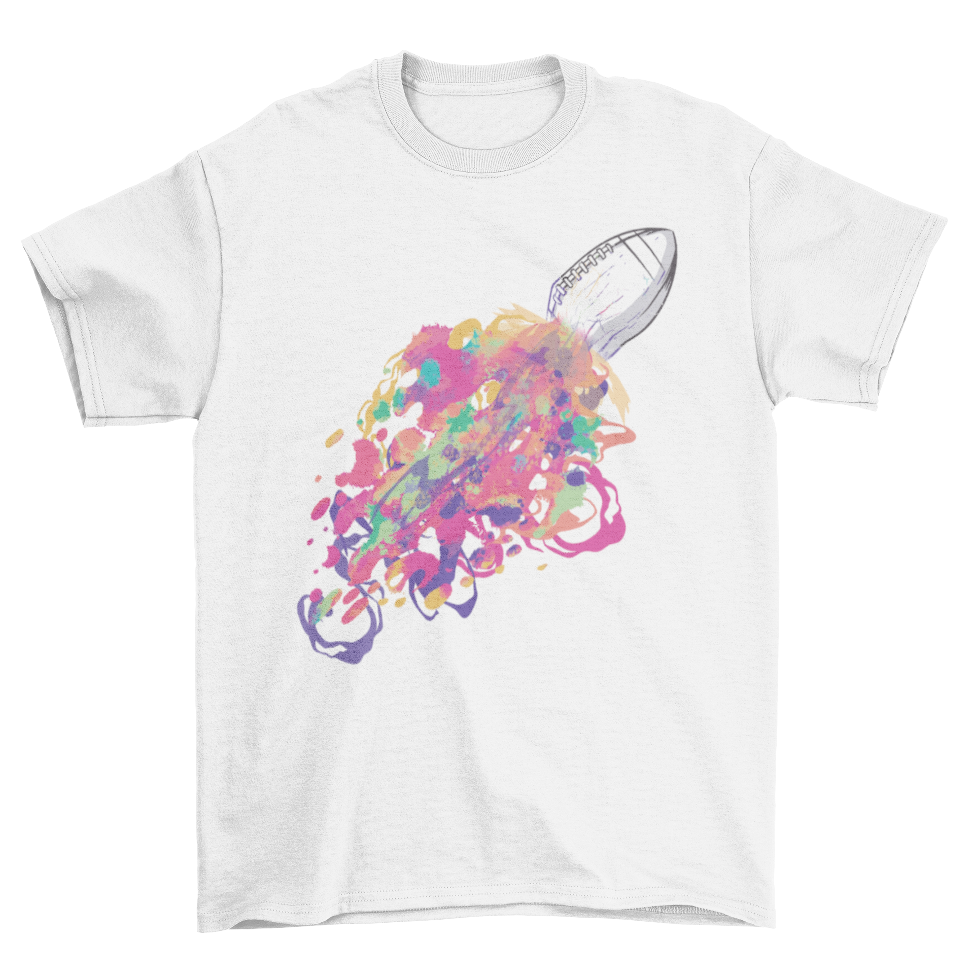 A vibrant American football colors t-shirt featuring a dissolving football design with a colorful tail, perfect for football fans.