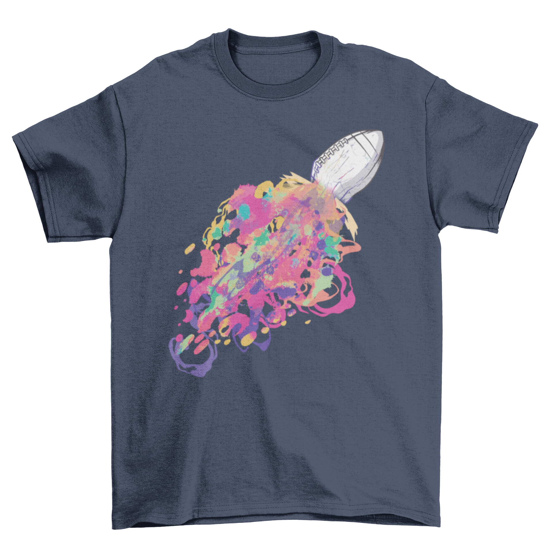 A vibrant American football colors t-shirt featuring a dissolving football design with a colorful tail, perfect for football fans.