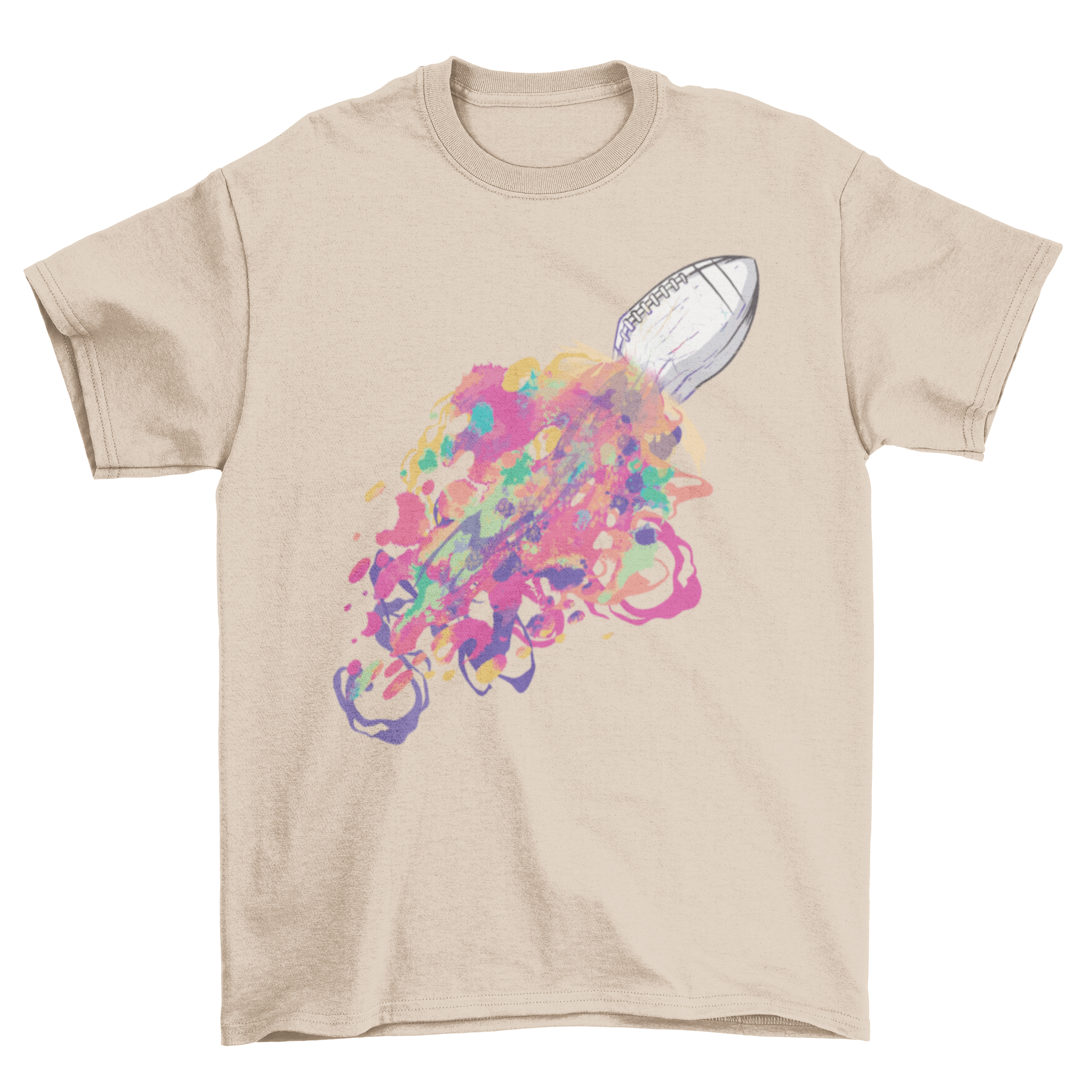 A vibrant American football colors t-shirt featuring a dissolving football design with a colorful tail, perfect for football fans.