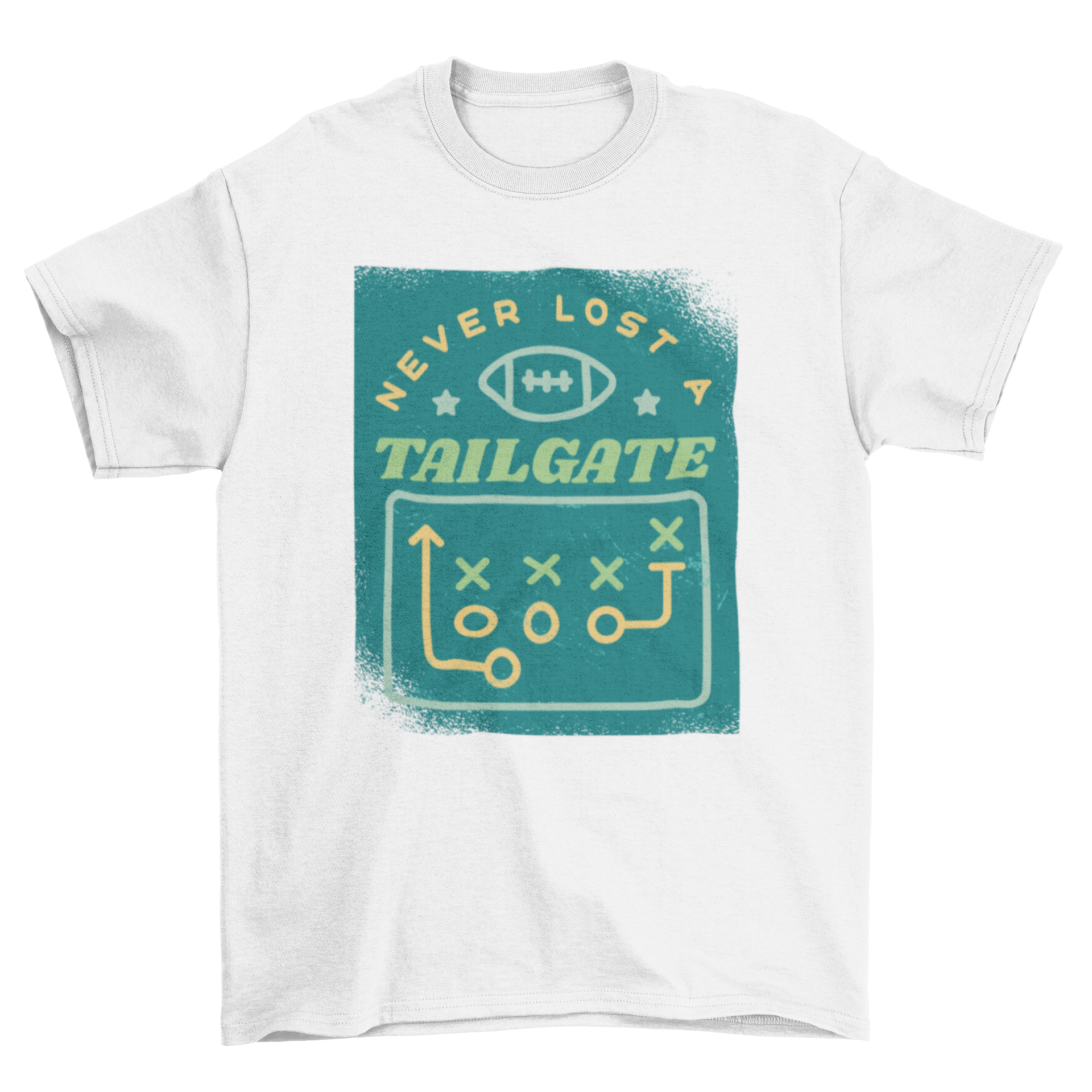 American football sport t-shirt featuring a diagram of football positions and the quote 'Never lost a tailgate'.