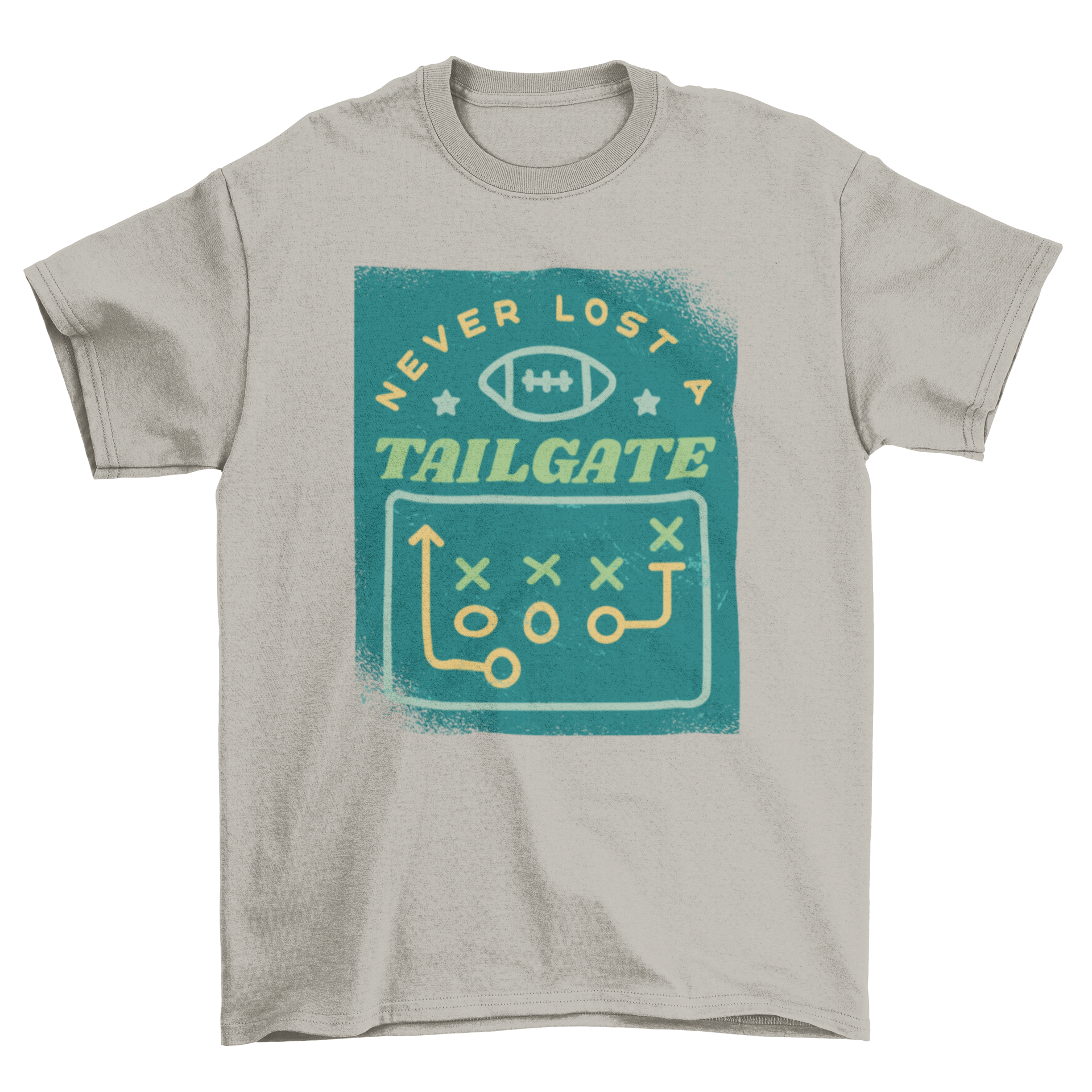 American football sport t-shirt featuring a diagram of football positions and the quote 'Never lost a tailgate'.