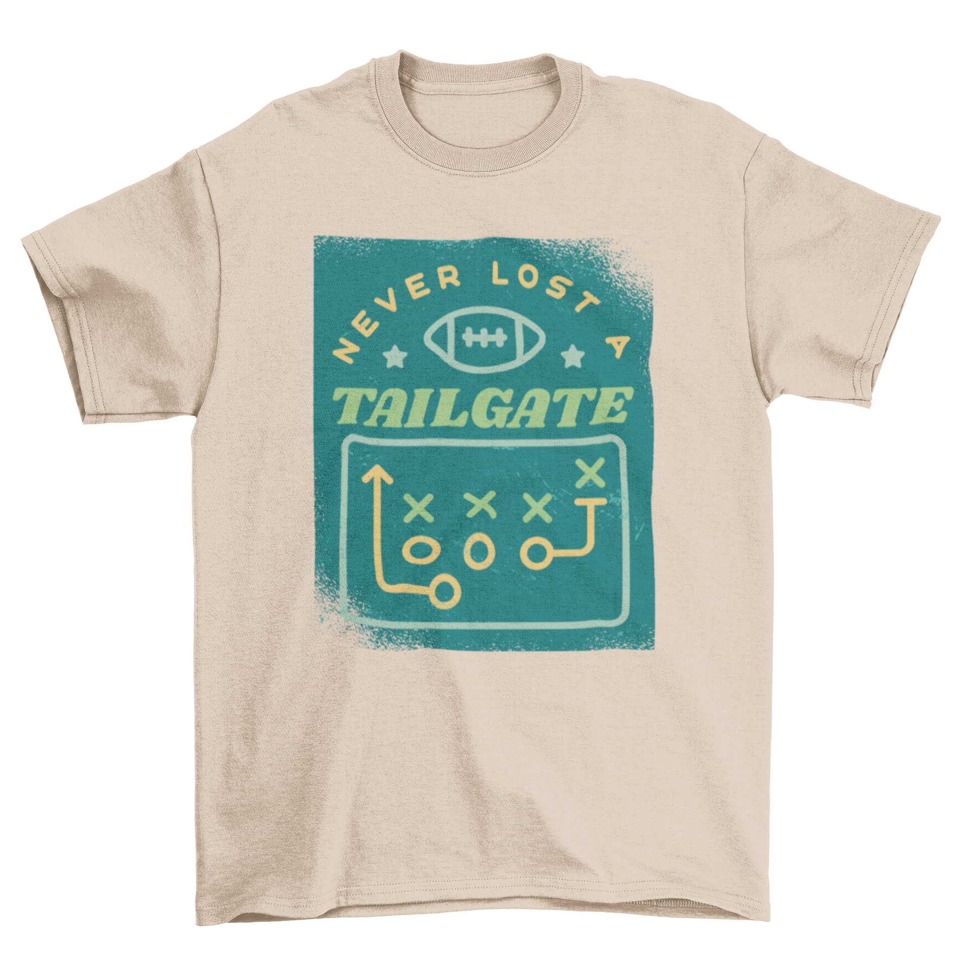 American football sport t-shirt featuring a diagram of football positions and the quote 'Never lost a tailgate'.