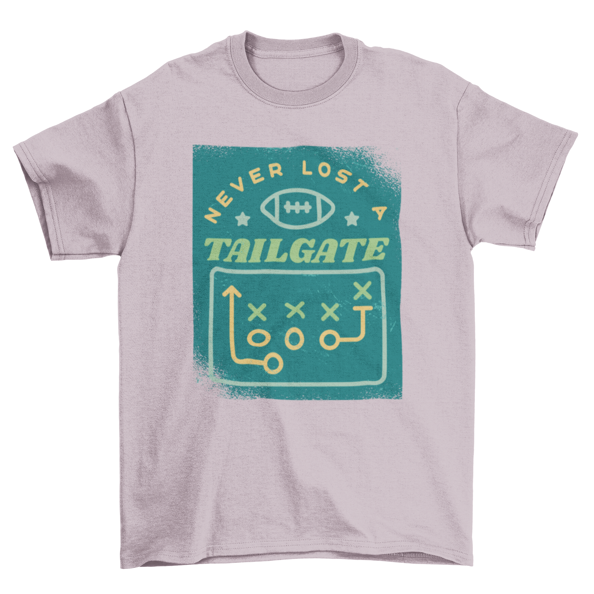 American football sport t-shirt featuring a diagram of football positions and the quote 'Never lost a tailgate'.