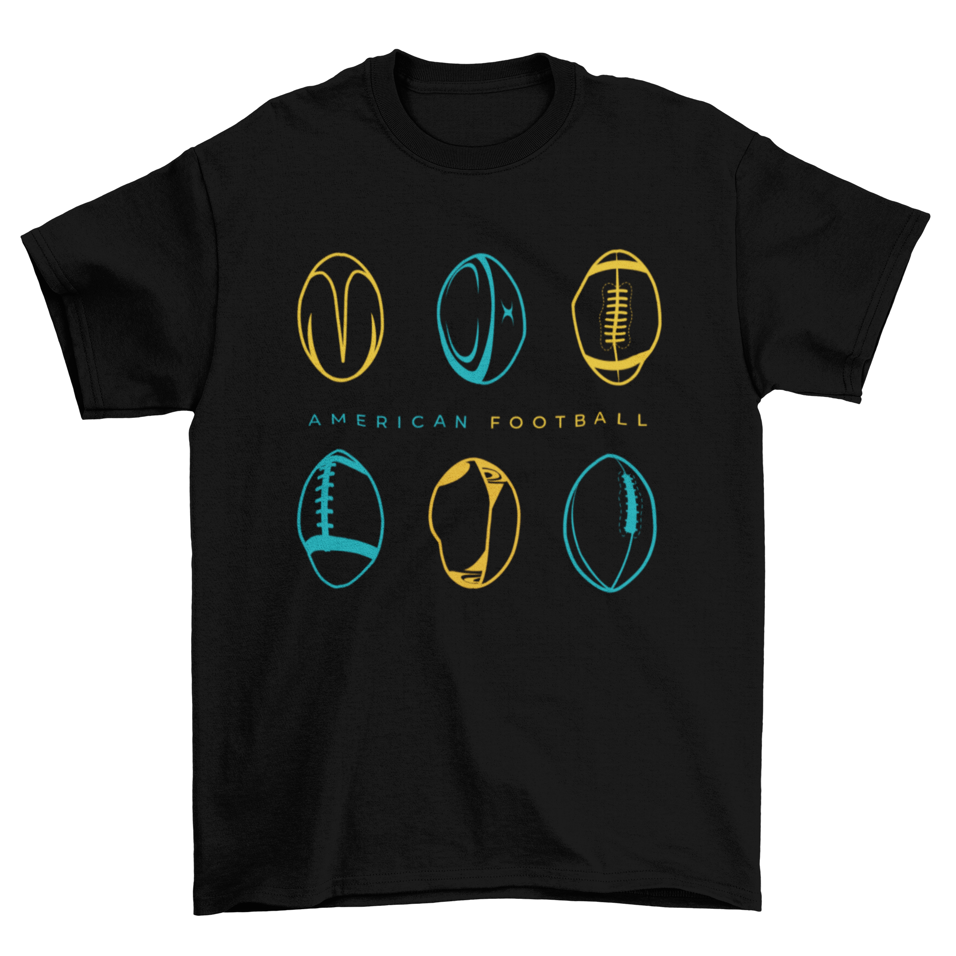 Stylish American football t-shirt featuring six footballs in blue and yellow design.