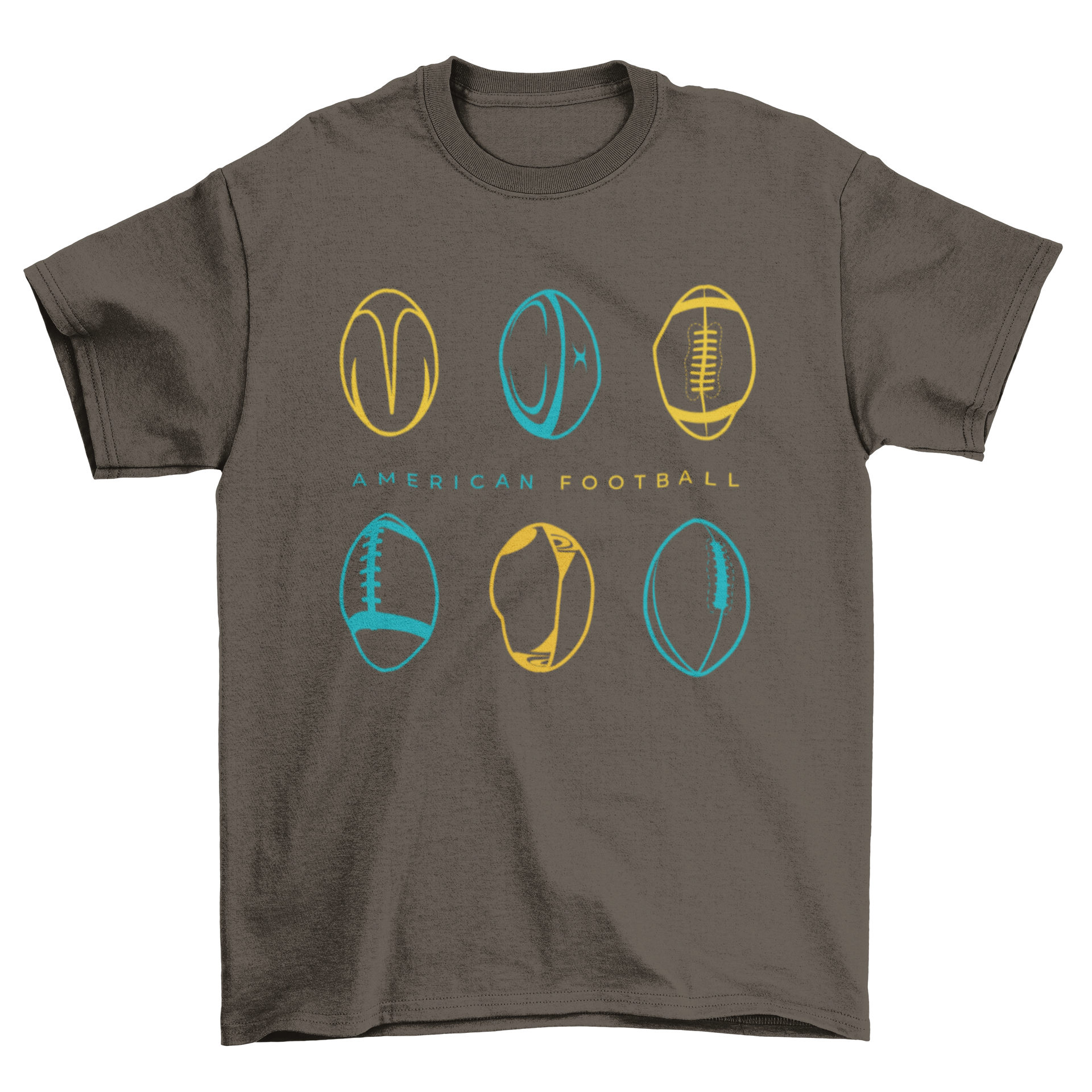 Stylish American football t-shirt featuring six footballs in blue and yellow design.