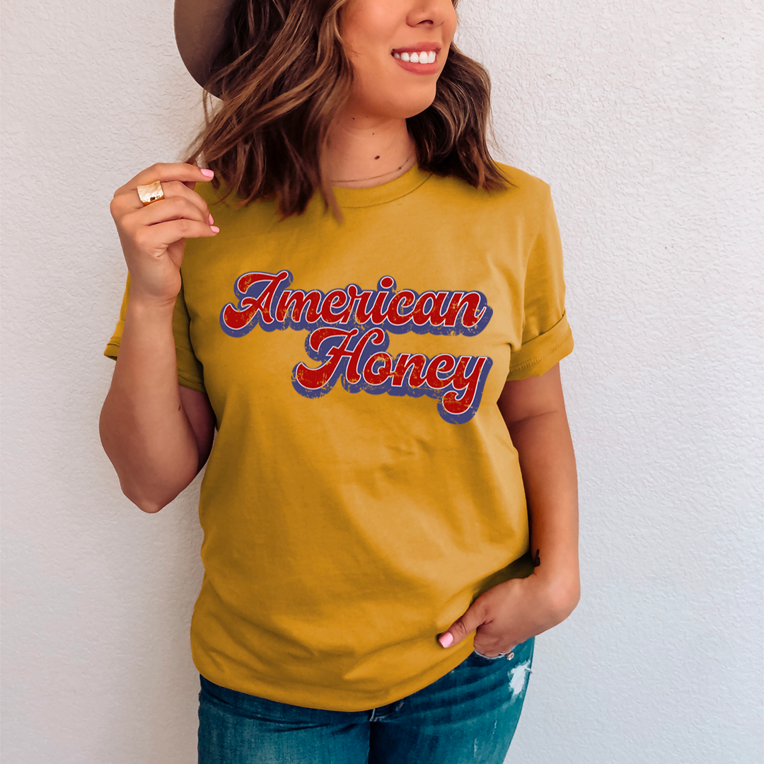 American Honey T-Shirt made of soft ring-spun cotton with double stitching, available in various colors.