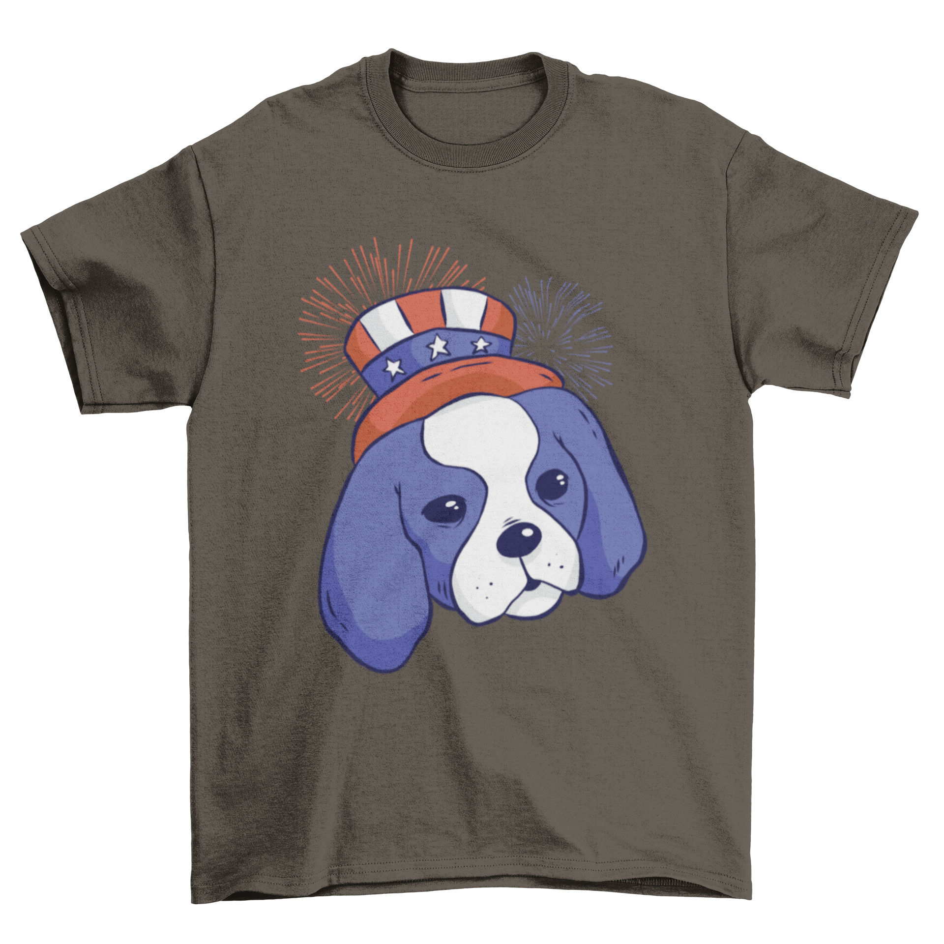 A cute American puppy t-shirt featuring a patriotic dog wearing a hat, with the United States flag and fireworks design on the back.