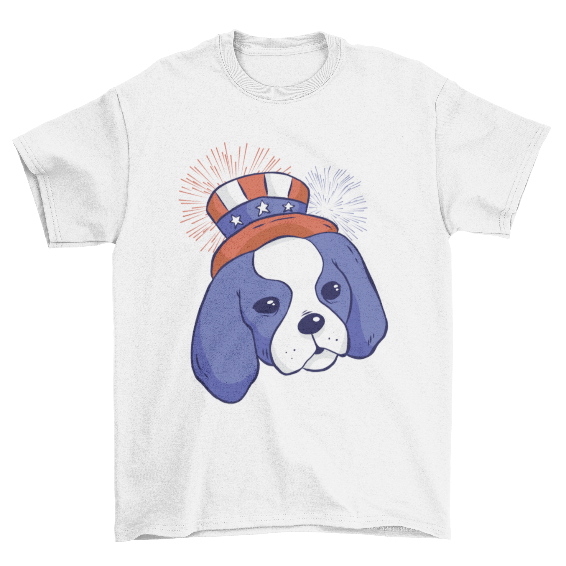 A cute American puppy t-shirt featuring a patriotic dog wearing a hat, with the United States flag and fireworks design on the back.