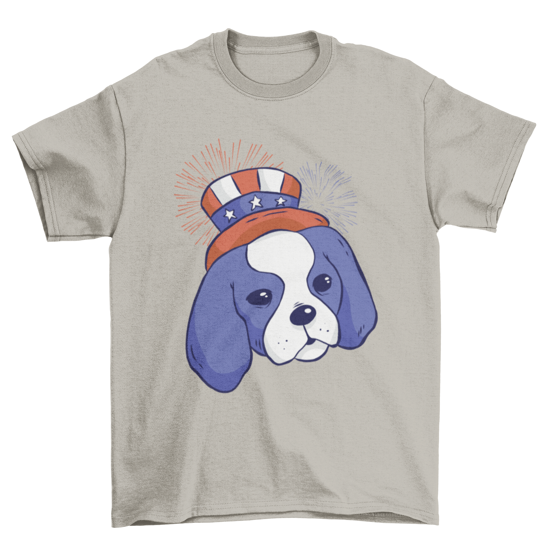 A cute American puppy t-shirt featuring a patriotic dog wearing a hat, with the United States flag and fireworks design on the back.