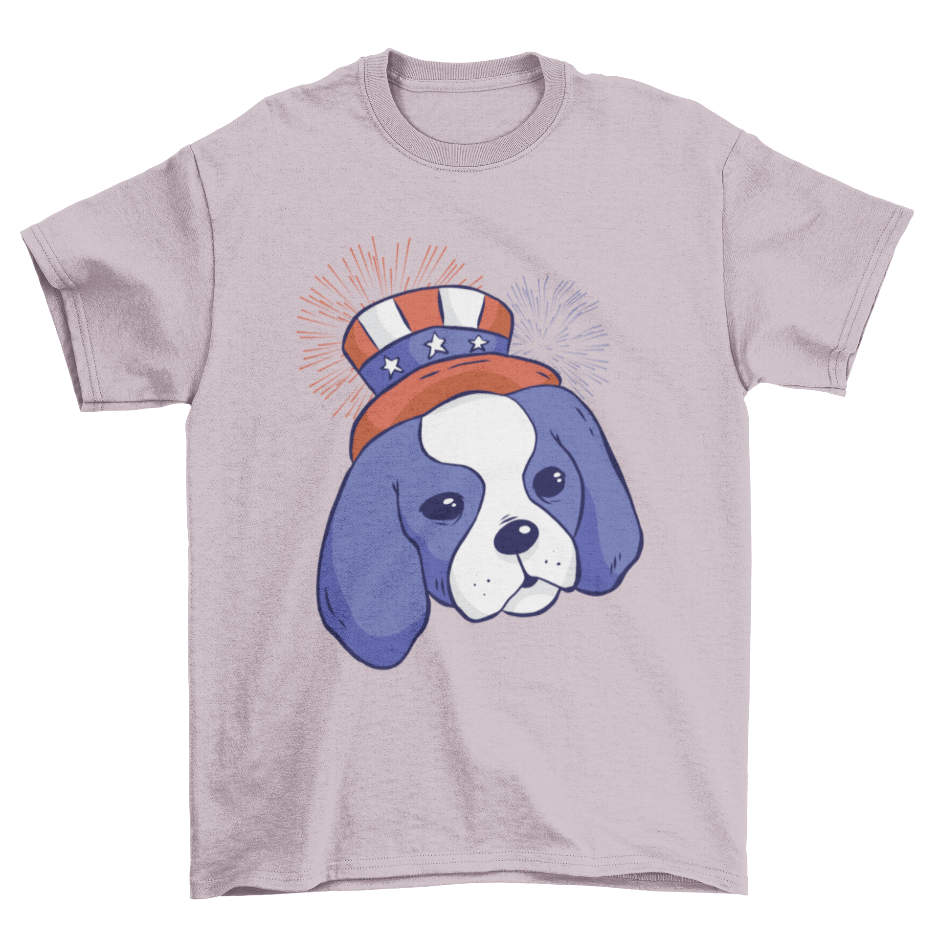 A cute American puppy t-shirt featuring a patriotic dog wearing a hat, with the United States flag and fireworks design on the back.