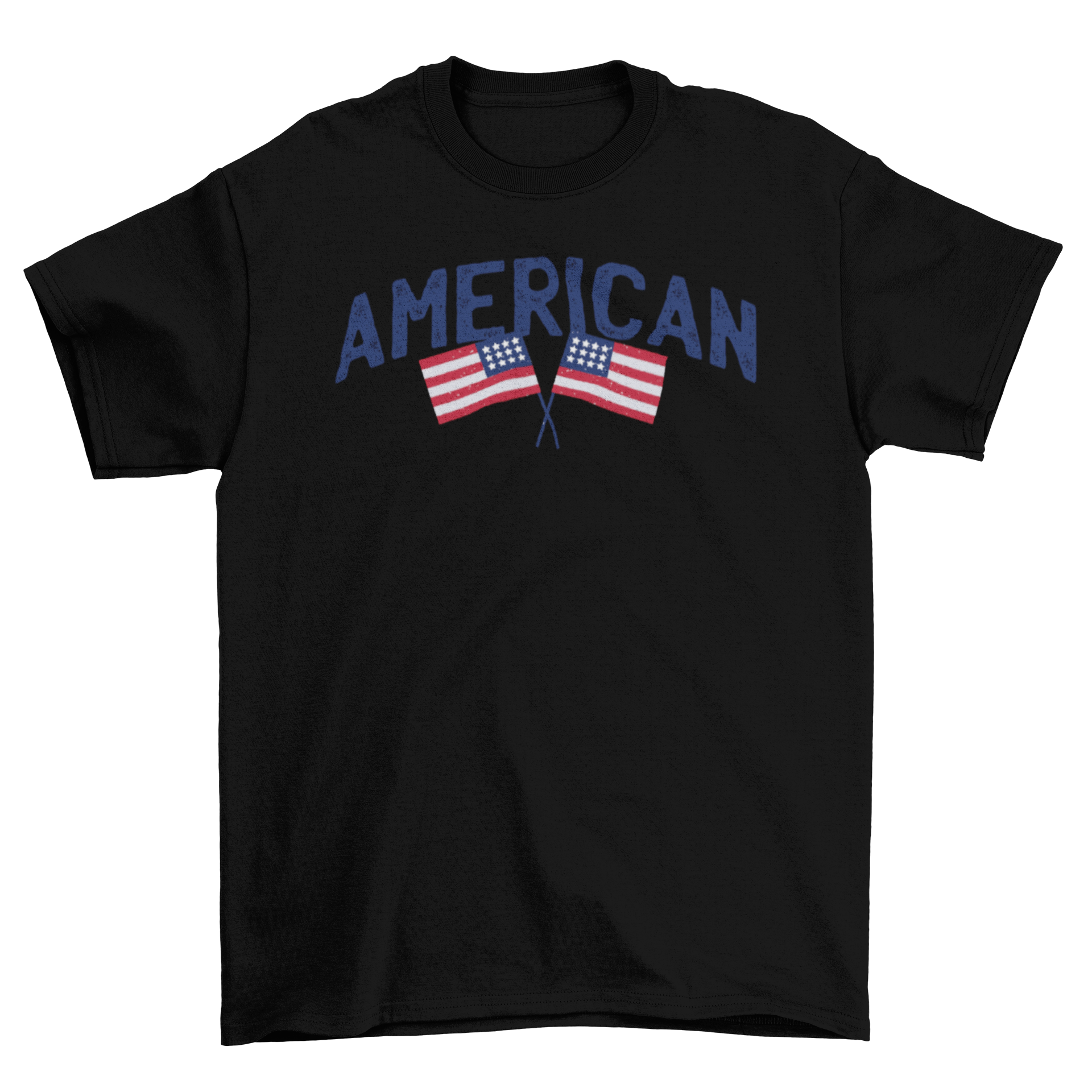 Patriotic American t-shirt with blue 'American' caption and crossed flags design.