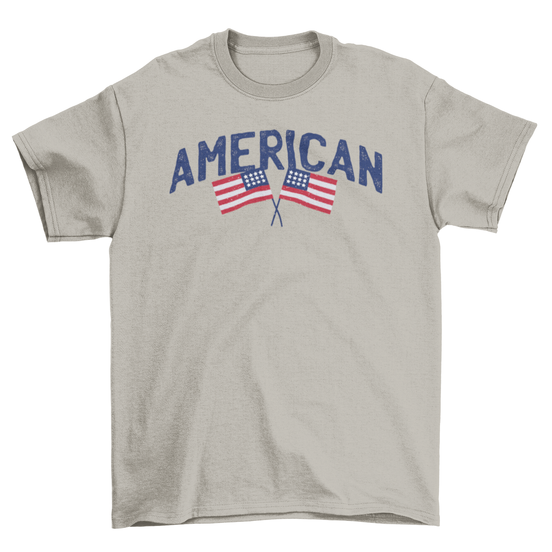 Patriotic American t-shirt with blue 'American' caption and crossed flags design.