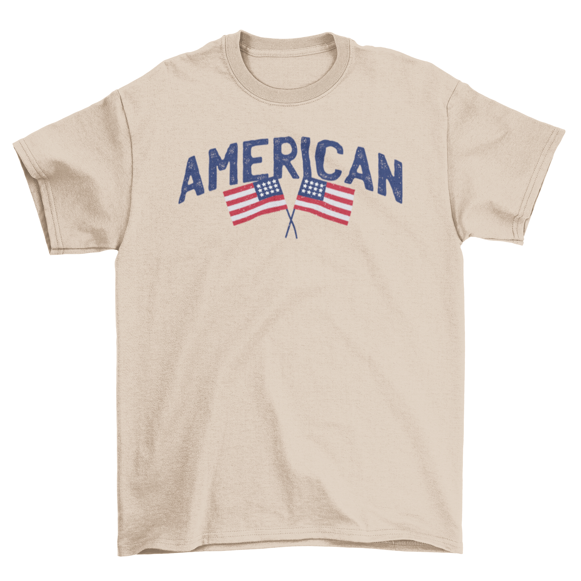 Patriotic American t-shirt with blue 'American' caption and crossed flags design.